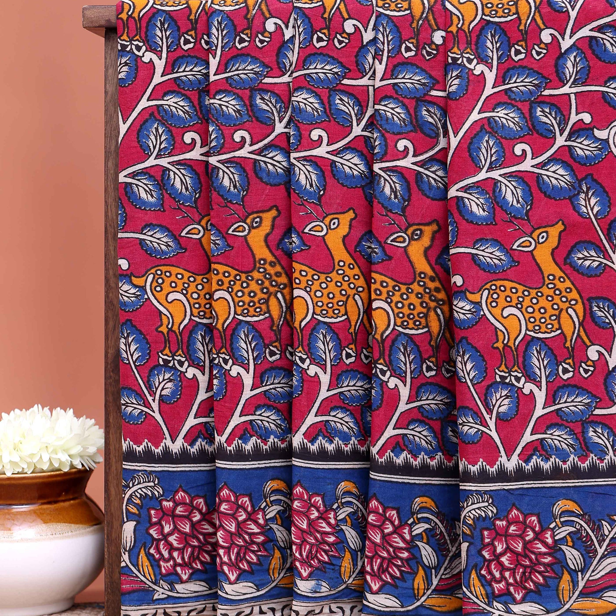 Traditional Kalamkari Printed Cotton Saree Nature and Wildlife Theme - Red