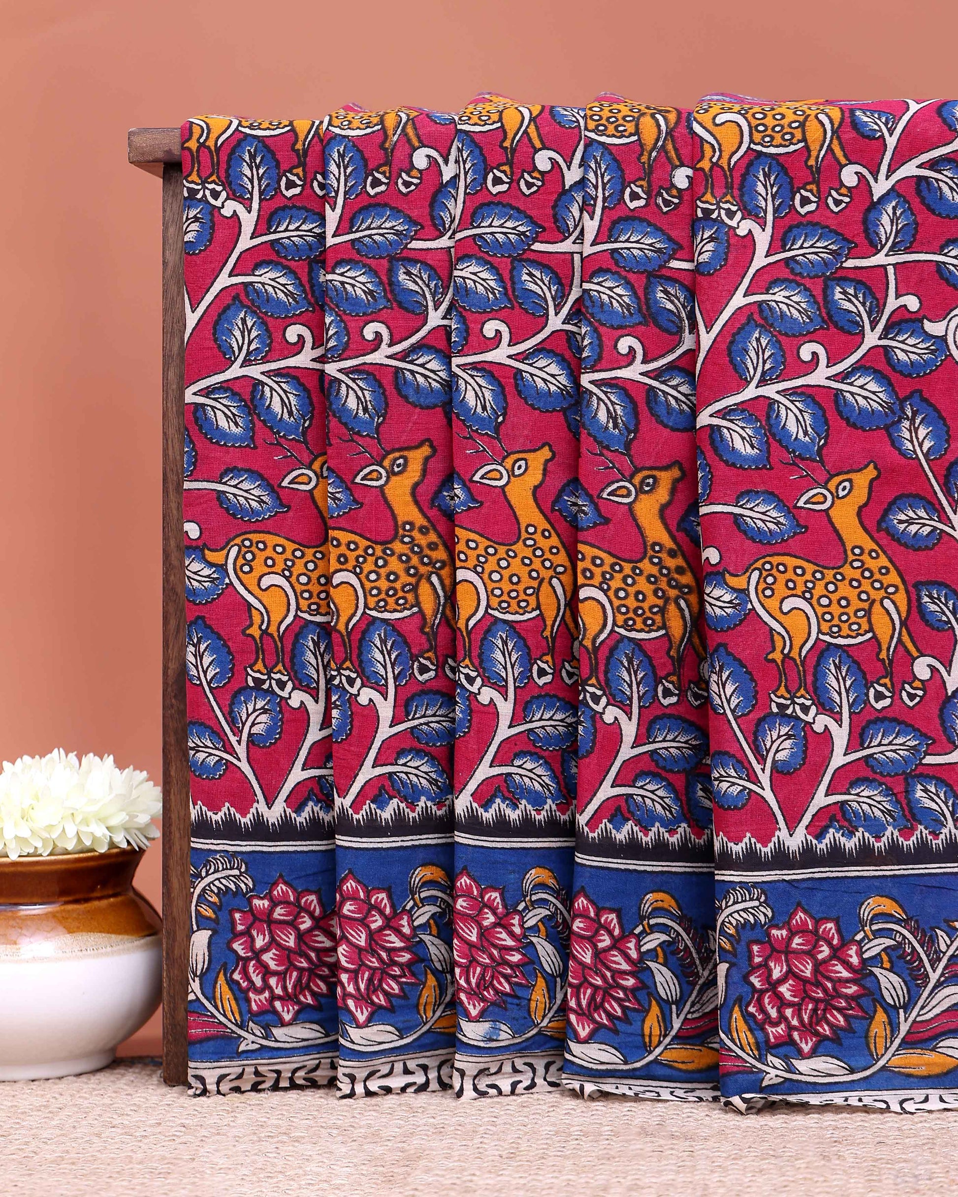 Traditional Kalamkari Printed Cotton Saree Nature and Wildlife Theme - Red