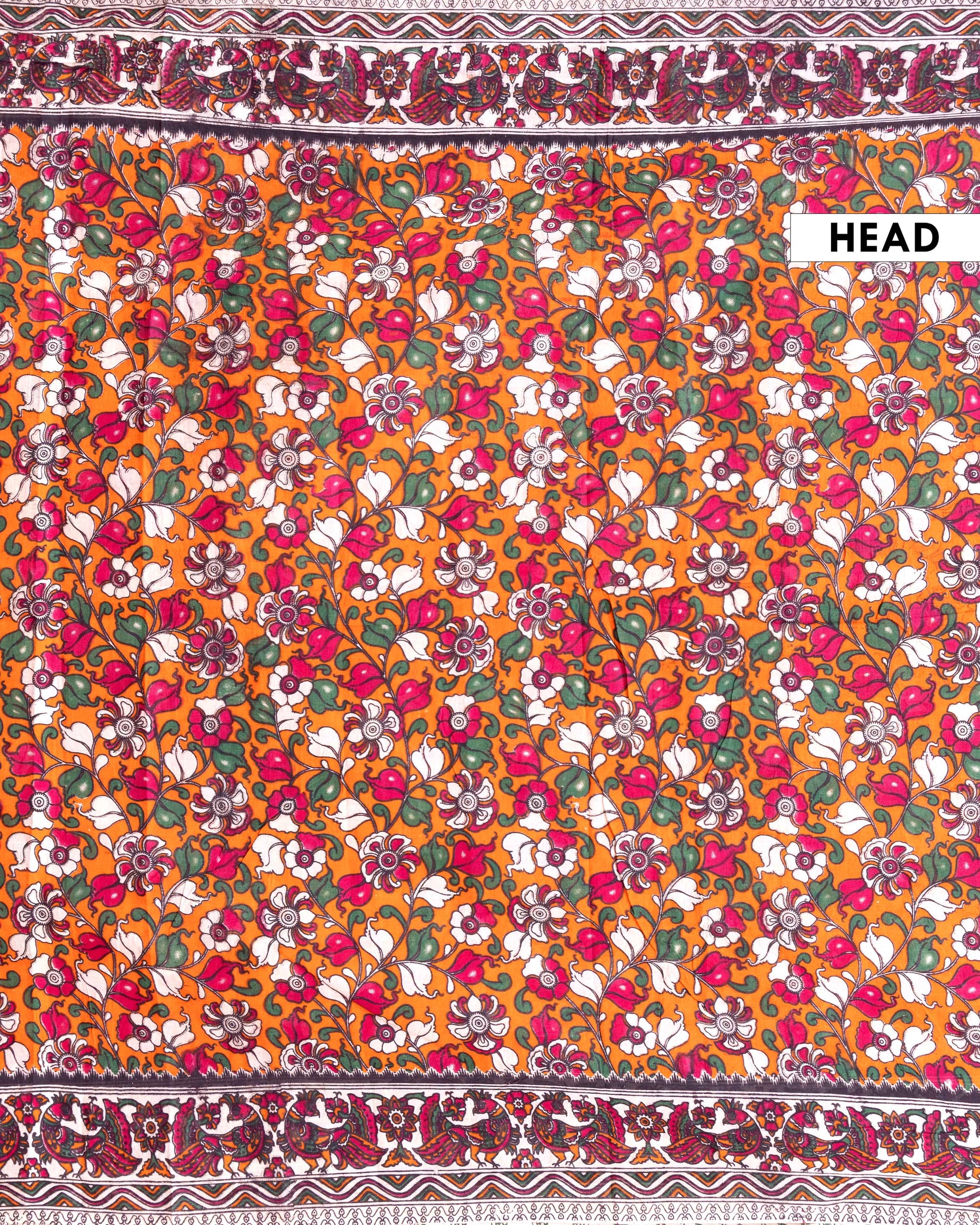 Traditional Kalamkari Printed Cotton Saree with Intricate Folk Peacock Design Border - Orange