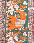 Traditional Kalamkari Printed Cotton Saree with Intricate Folk Peacock Design Border - Orange