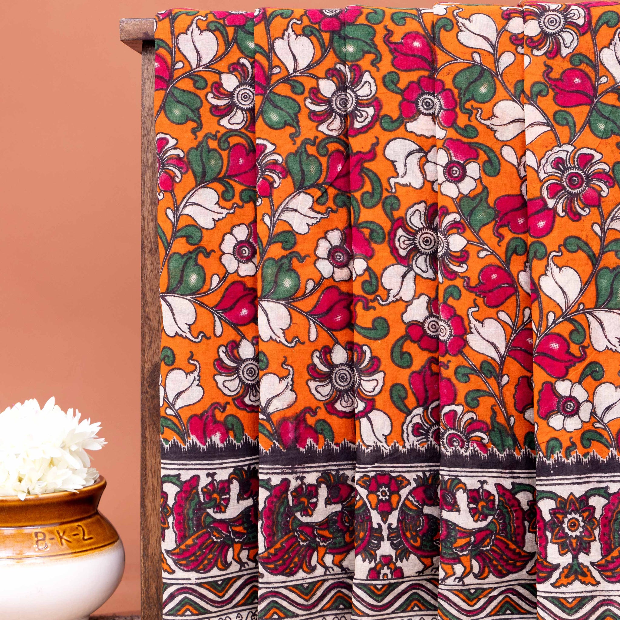 Traditional Kalamkari Printed Cotton Saree with Intricate Folk Peacock Design Border - Orange