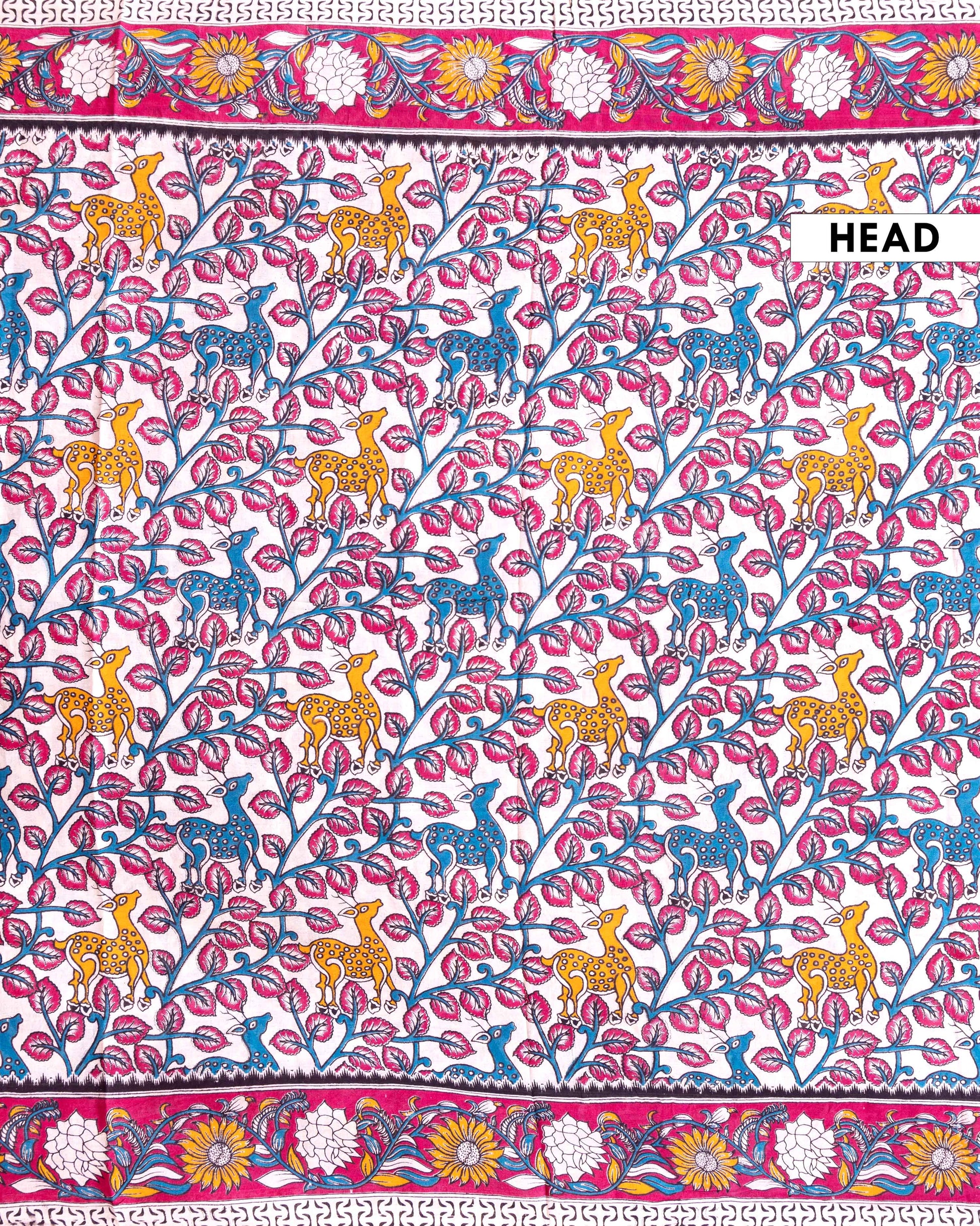 Traditional Kalamkari Printed Cotton Saree with Nature and Wildlife Theme - Cream