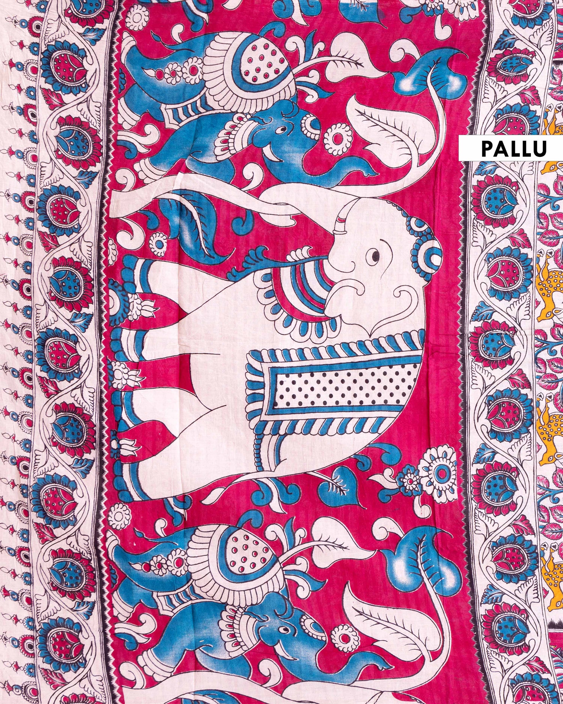 Traditional Kalamkari Printed Cotton Saree with Nature and Wildlife Theme - Cream