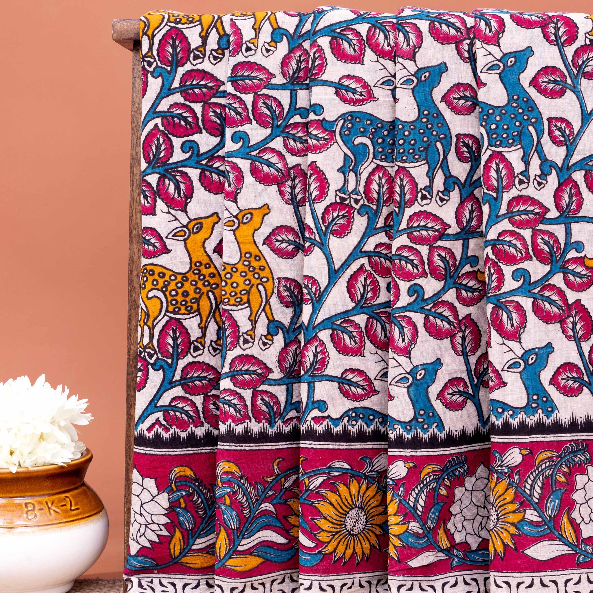 Traditional Kalamkari Printed Cotton Saree with Nature and Wildlife Theme - Cream