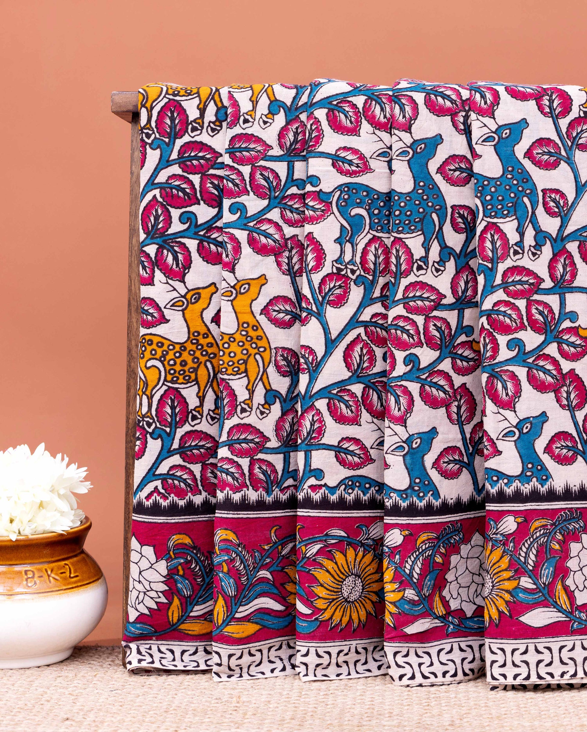 Traditional Kalamkari Printed Cotton Saree with Nature and Wildlife Theme - Cream