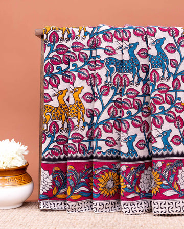 Traditional Kalamkari Printed Cotton Saree with Nature and Wildlife Theme - Cream