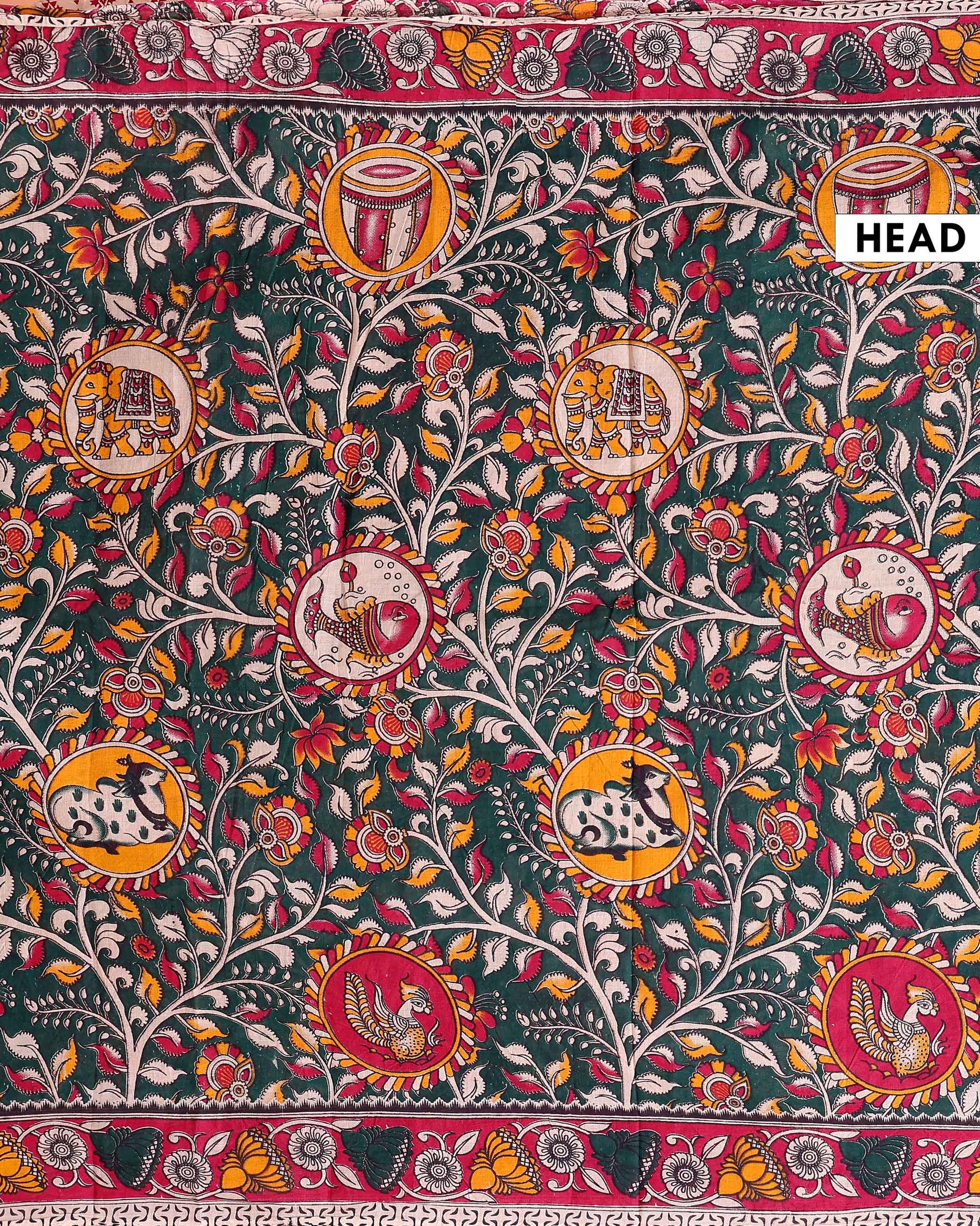 Traditional Kalamkari Printed Cotton Saree with Stylized Leaf Detailing - Dark Green