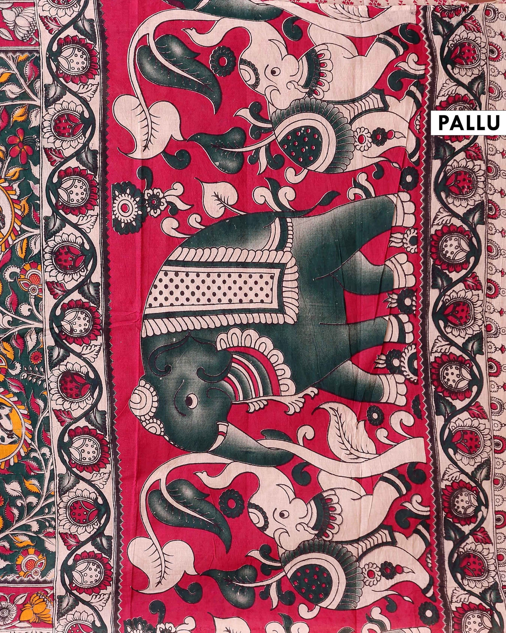 Traditional Kalamkari Printed Cotton Saree with Stylized Leaf Detailing - Dark Green