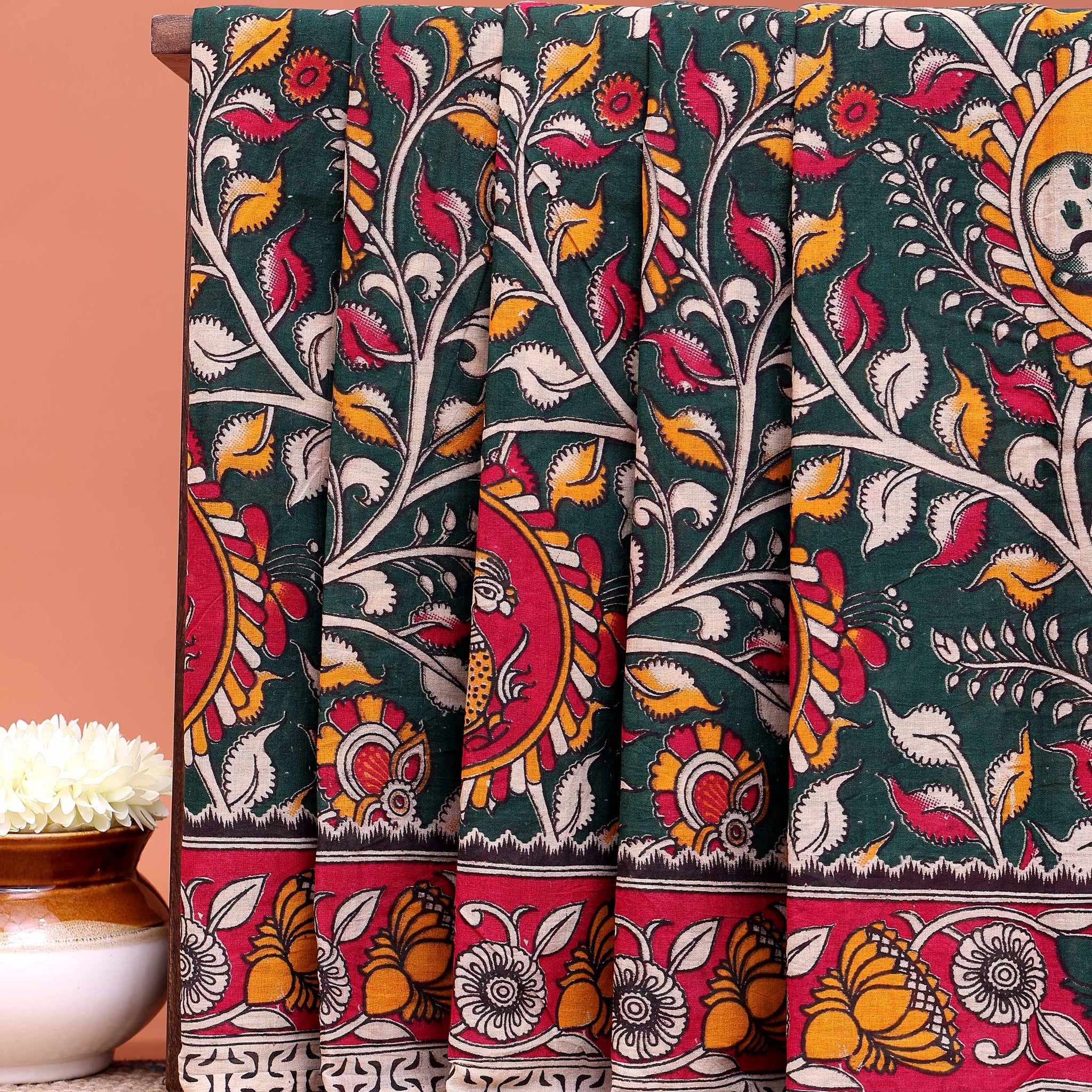 Traditional Kalamkari Printed Cotton Saree with Stylized Leaf Detailing - Dark Green