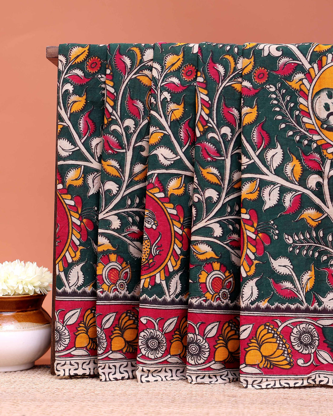 Traditional Kalamkari Printed Cotton Saree with Stylized Leaf Detailing - Dark Green