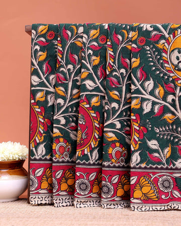 Traditional Kalamkari Printed Cotton Saree with Stylized Leaf Detailing - Dark Green