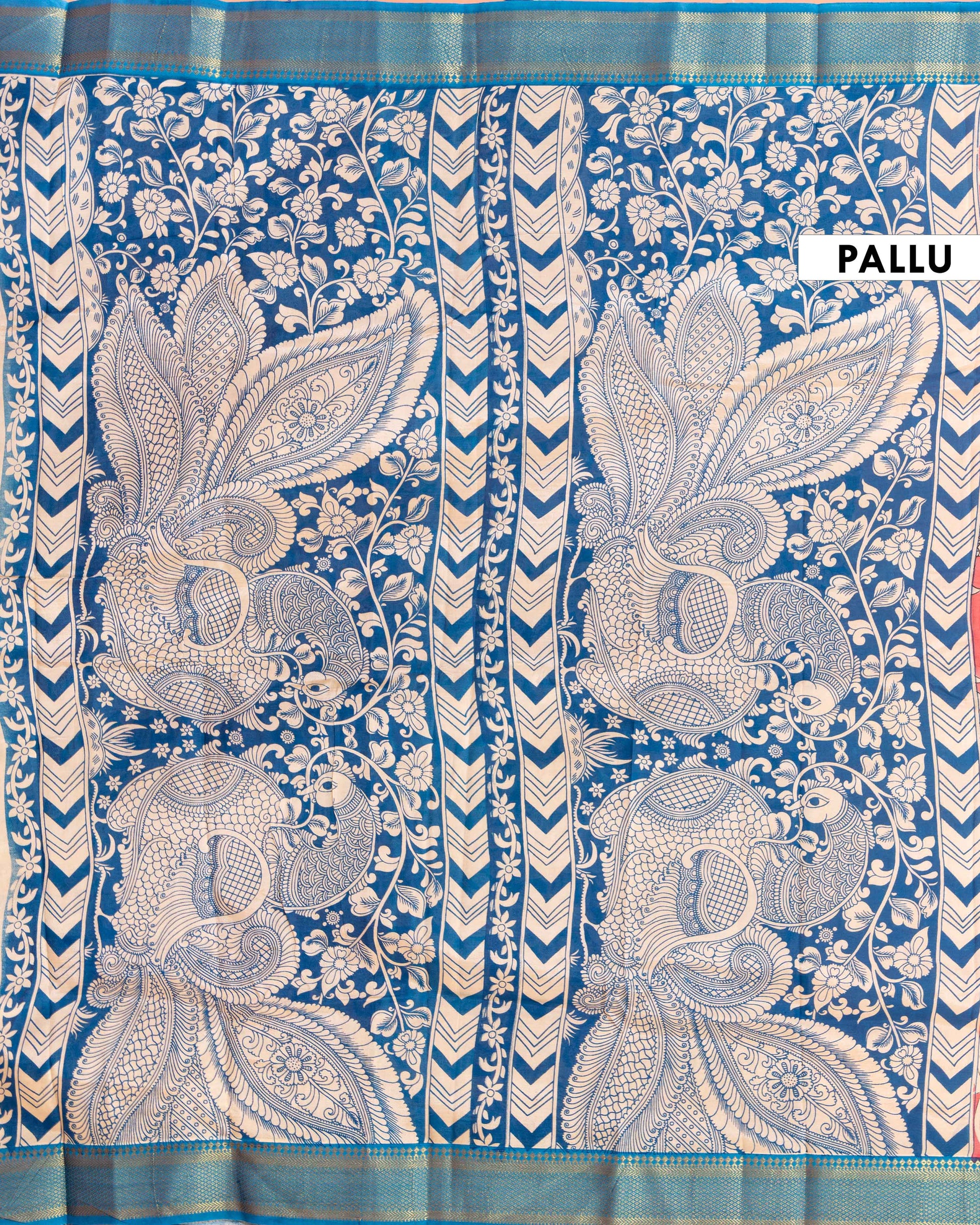 Traditional Kalamkari Semi Chanderi Saree with Intricate Floral and Avian Motifs - Peach