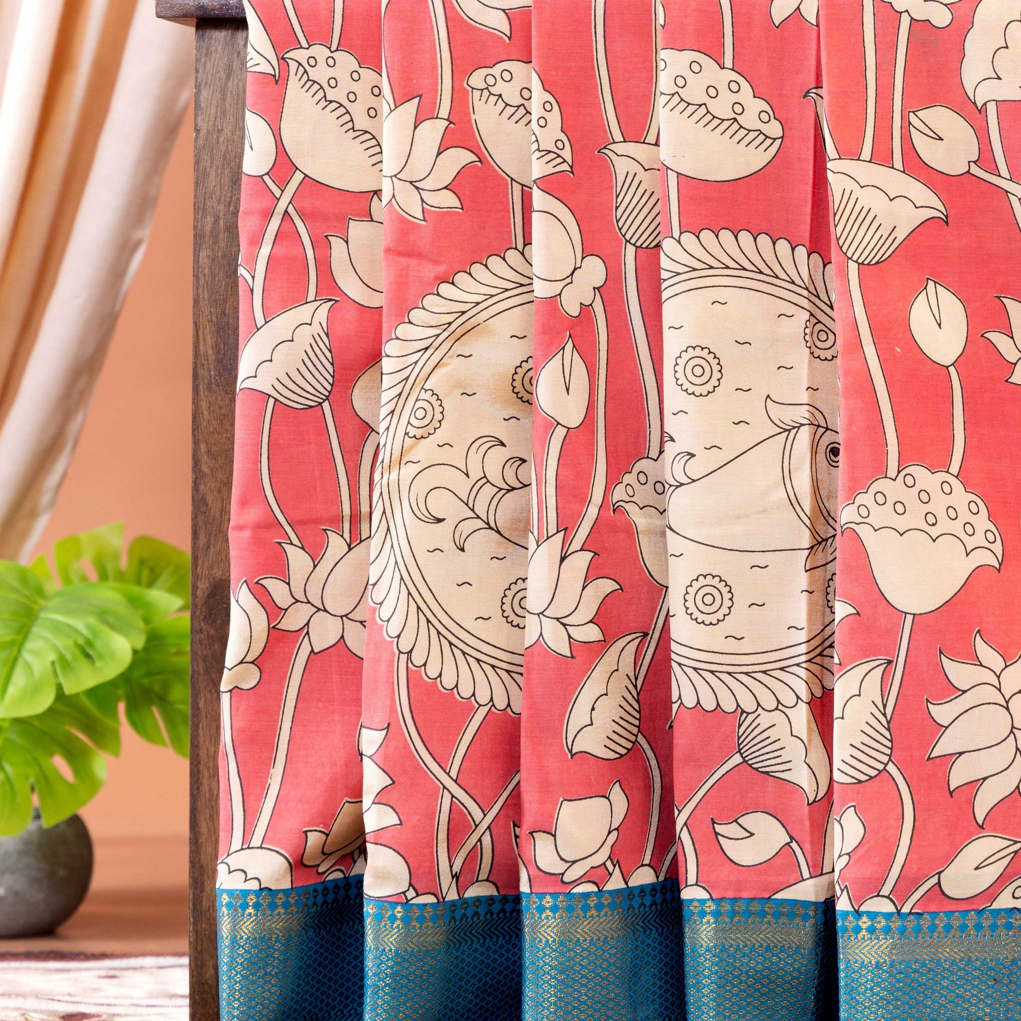 Traditional Kalamkari Semi Chanderi Saree with Intricate Floral and Avian Motifs - Peach