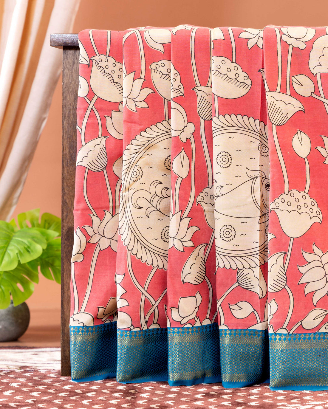 Traditional Kalamkari Semi Chanderi Saree with Intricate Floral and Avian Motifs - Peach