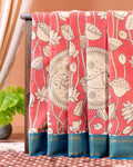 Traditional Kalamkari Semi Chanderi Saree with Intricate Floral and Avian Motifs - Peach