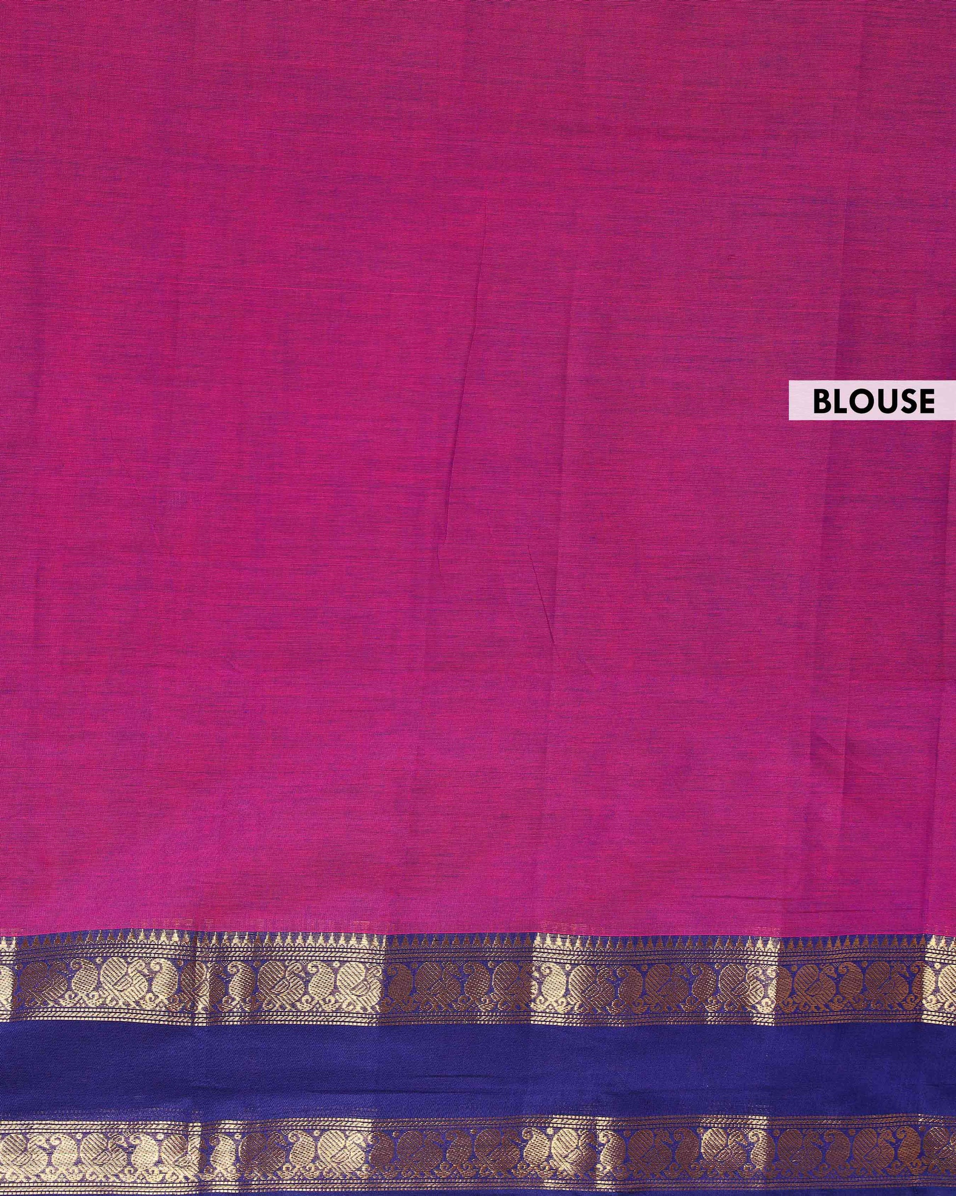 Traditional Kanchi Cotton Saree with Checks and Contrast Temple Border - Purple-Blouse