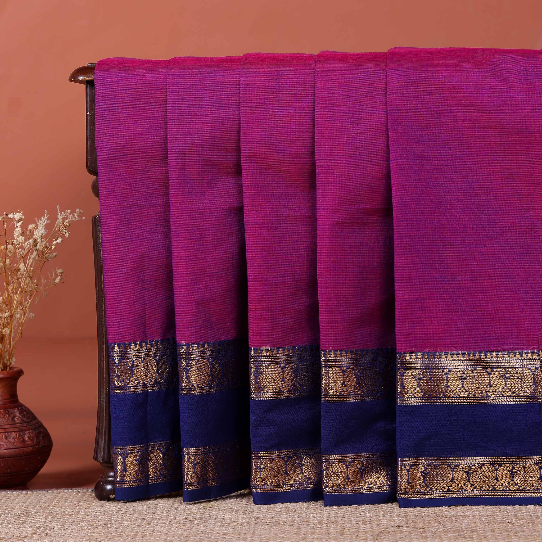 Traditional Kanchi Cotton Saree with Checks and Contrast Temple Border - Purple