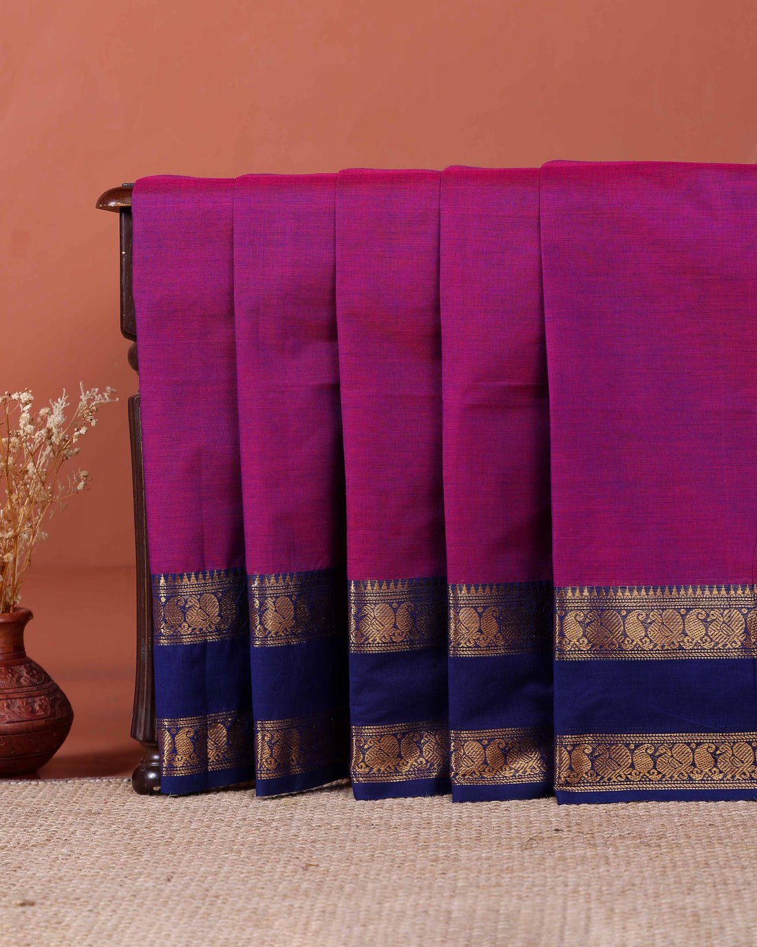 Traditional Kanchi Cotton Saree with Checks and Contrast Temple Border - Purple
