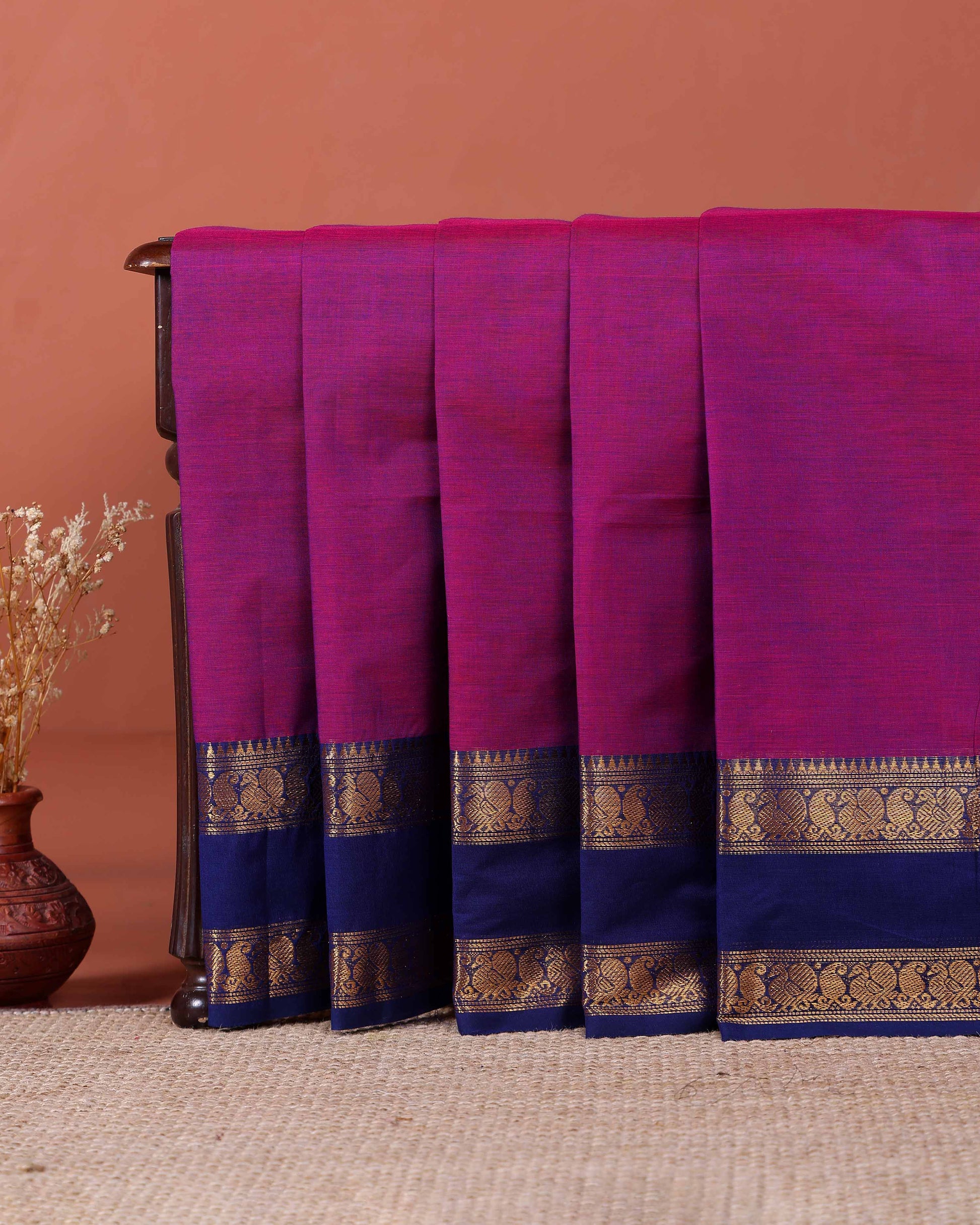 Traditional Kanchi Cotton Saree with Checks and Contrast Temple Border - Purple