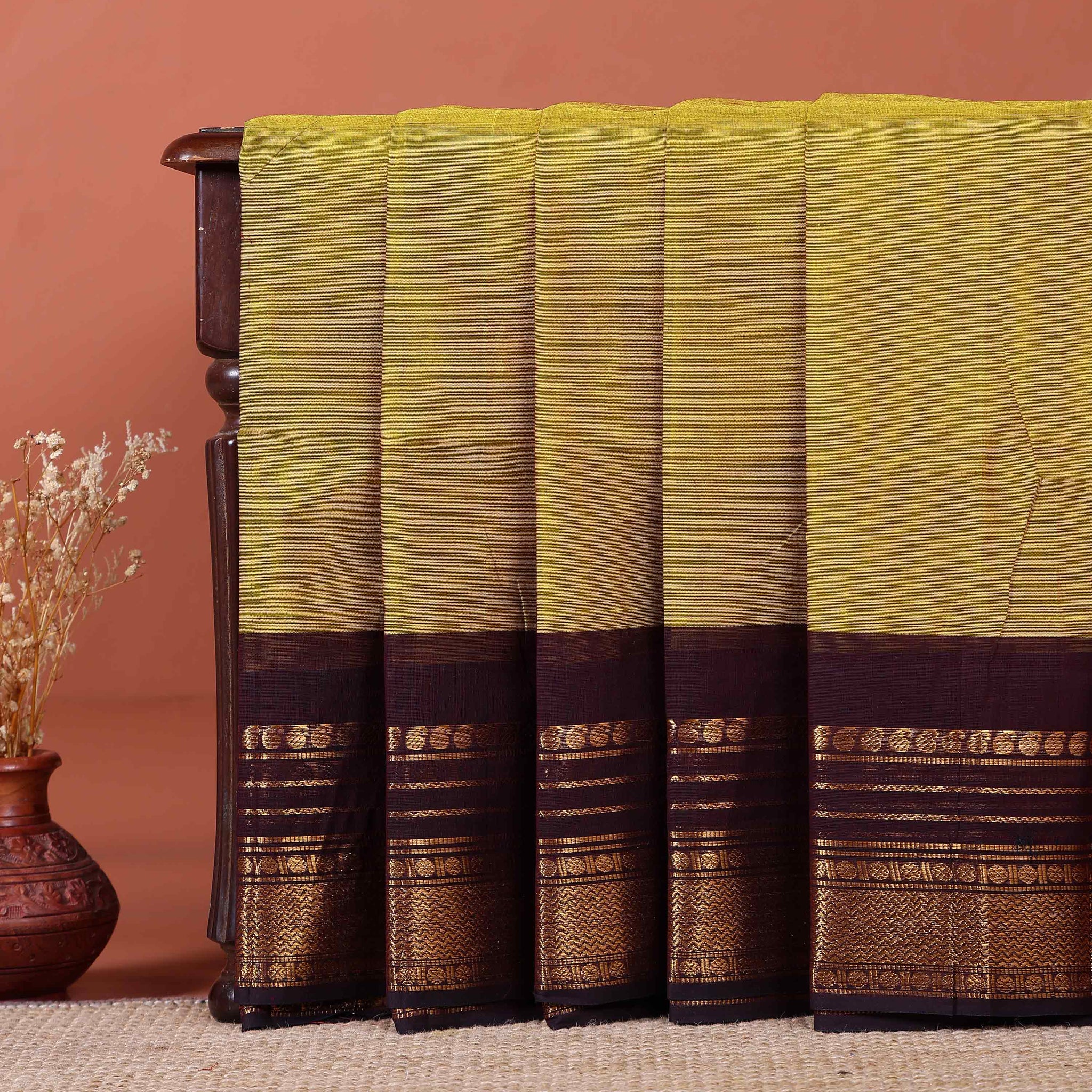Traditional Kanchi Cotton Saree with Rich Zari Woven Border and Elegant Textured Weave - Olive Green