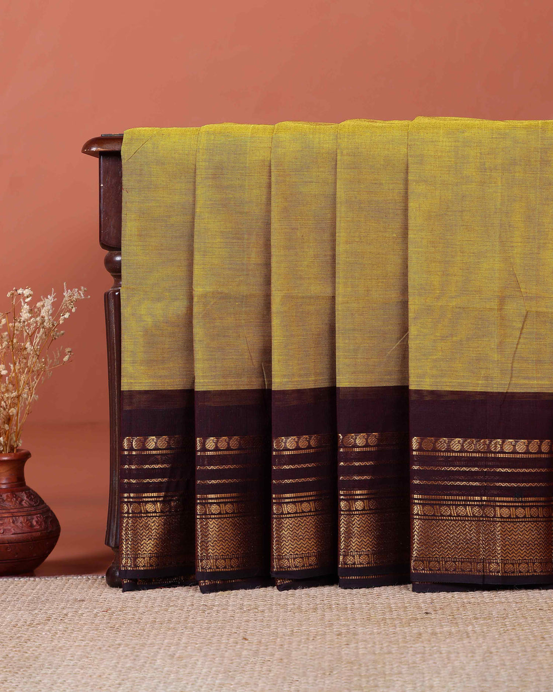 Traditional Kanchi Cotton Saree with Rich Zari Woven Border and Elegant Textured Weave - Olive Green