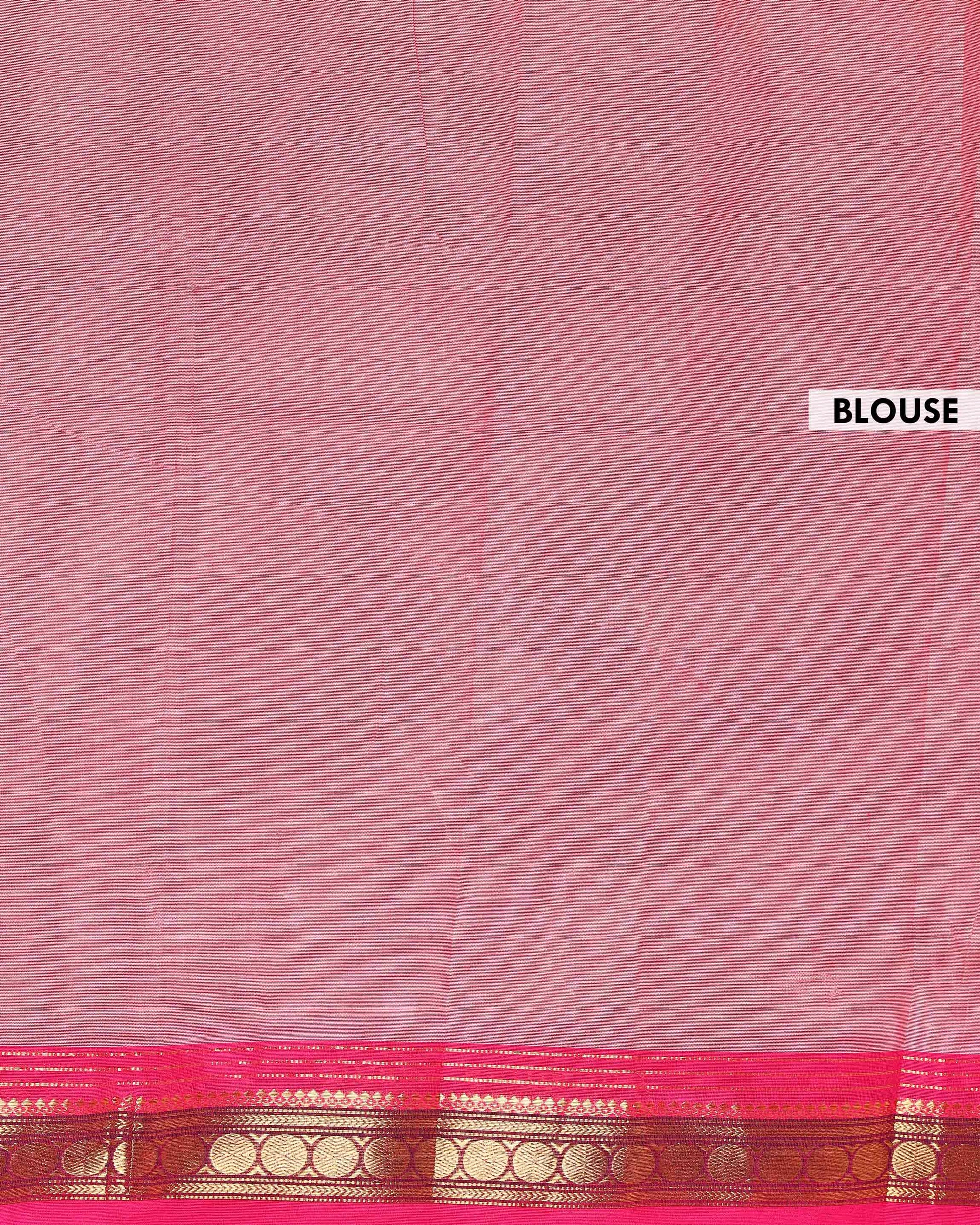 Traditional Kanchi Cotton Saree with Striped Body and Contrast Border - Pink-Blouse