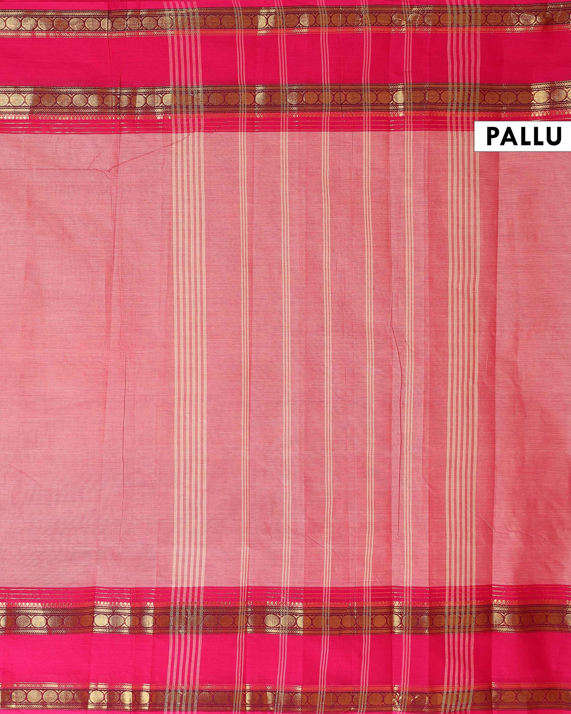 Traditional Kanchi Cotton Saree with Striped Body and Contrast Border - Pink-Pallu