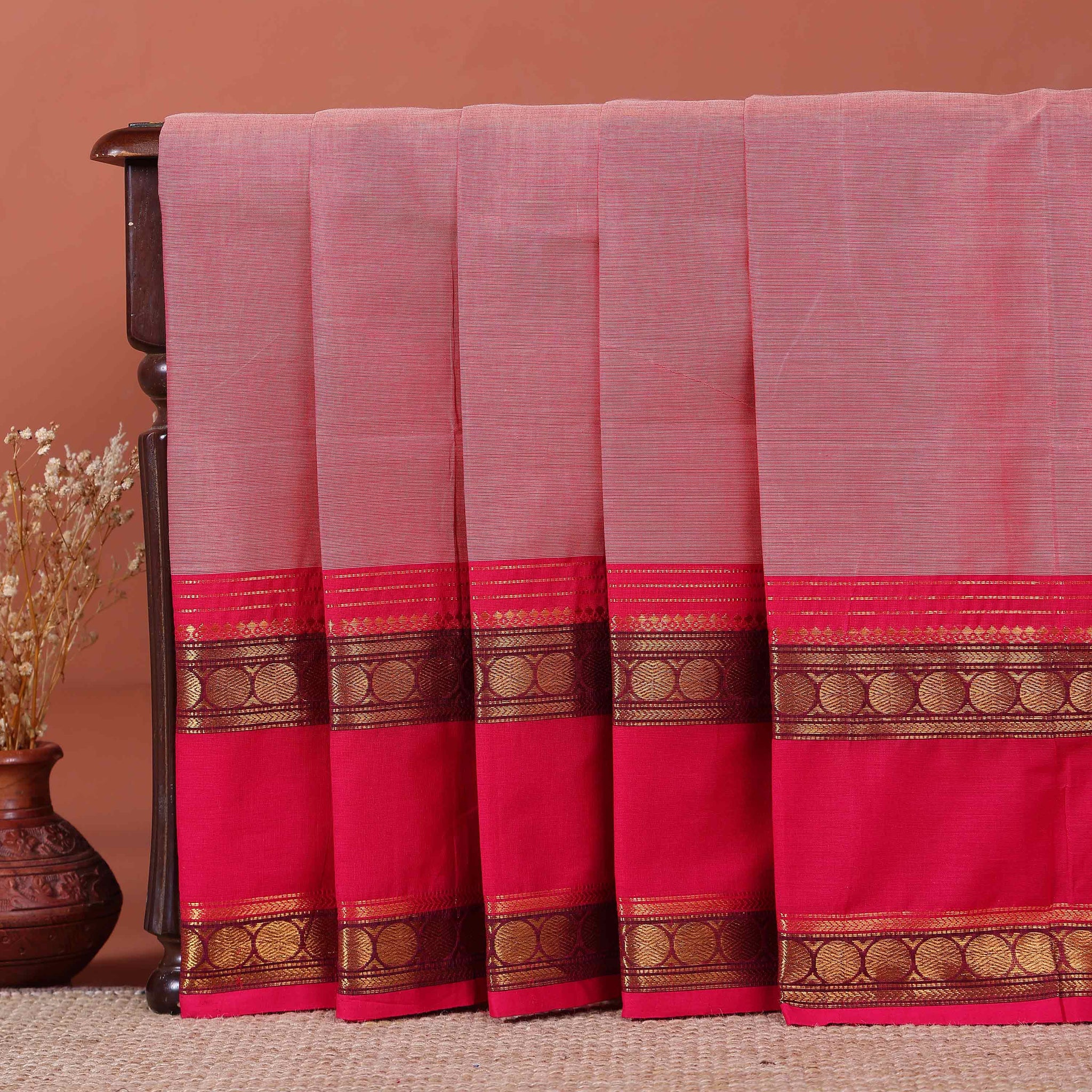 Traditional Kanchi Cotton Saree with Striped Body and Contrast Border - Pink
