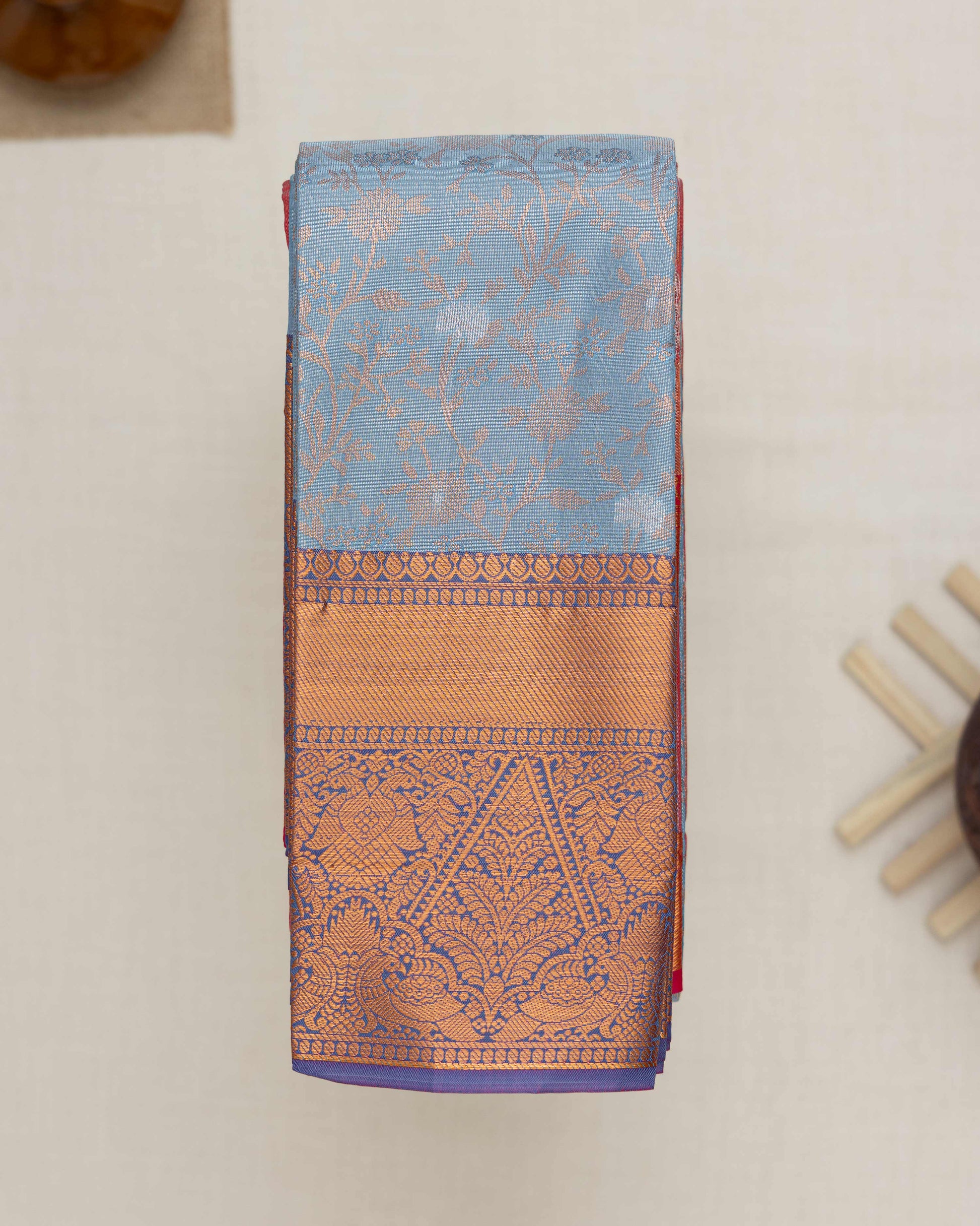 Traditional Kanchipuram Tissue Silk Saree with Delicate Floral Brocade and Ornate Zari Border - Blue