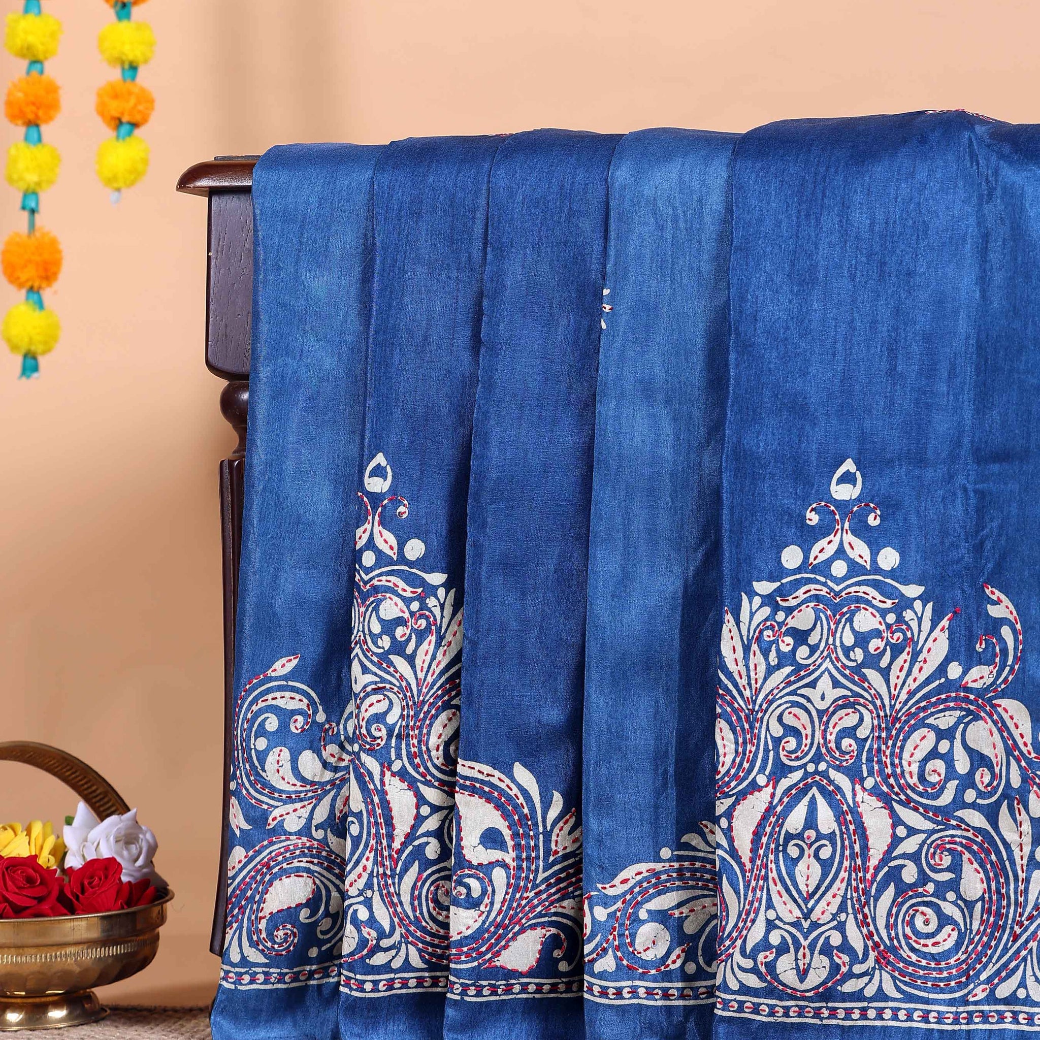 Traditional Kantha Work Saree with Exquisite Hand Embroidery and Ornate Floral Pattern Border - Blue