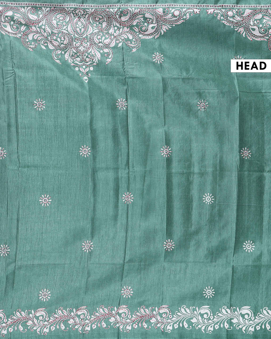 Traditional Kantha Work Saree with Exquisite Hand Embroidery and Ornate Floral Pattern Border - Green