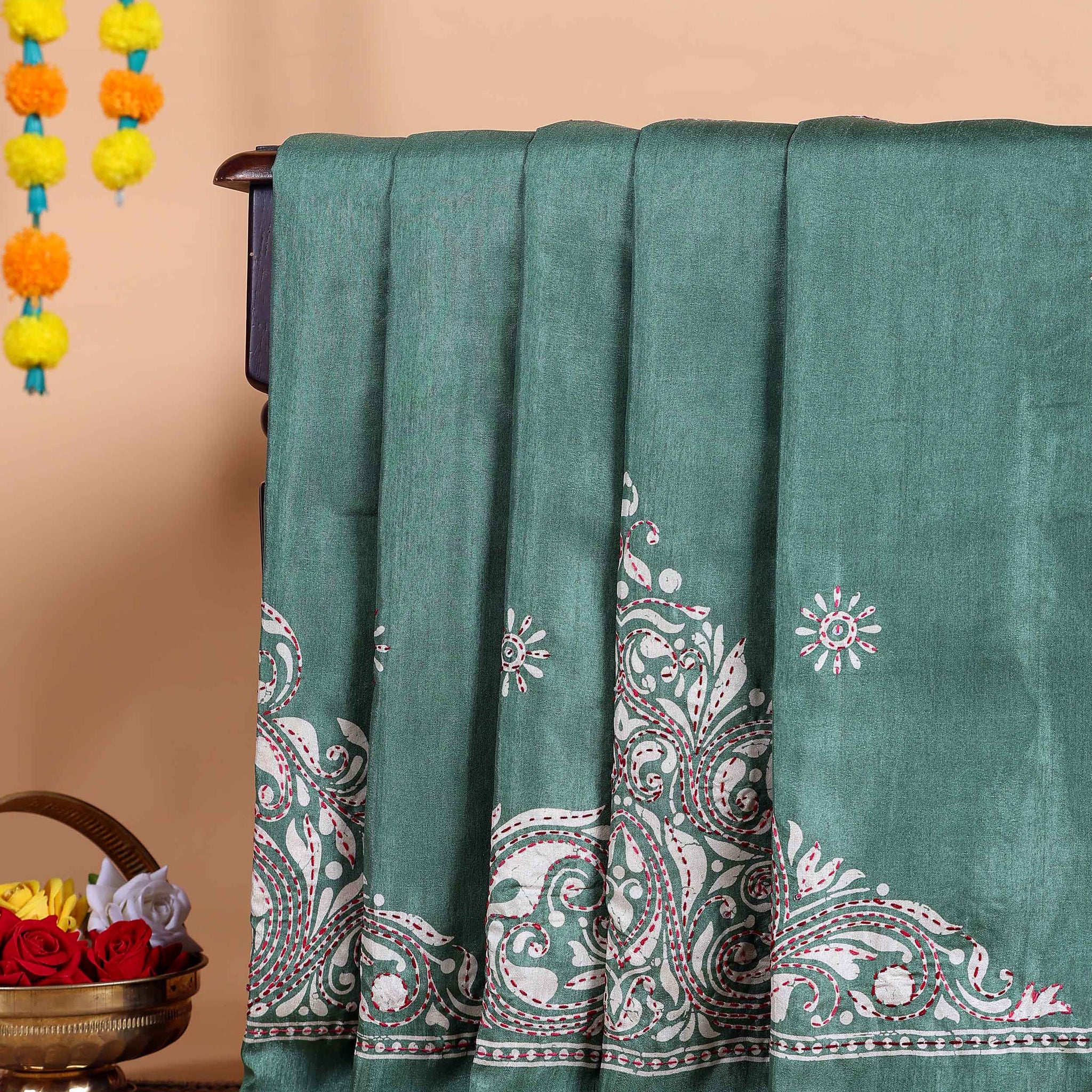 Traditional Kantha Work Saree with Exquisite Hand Embroidery and Ornate Floral Pattern Border - Green