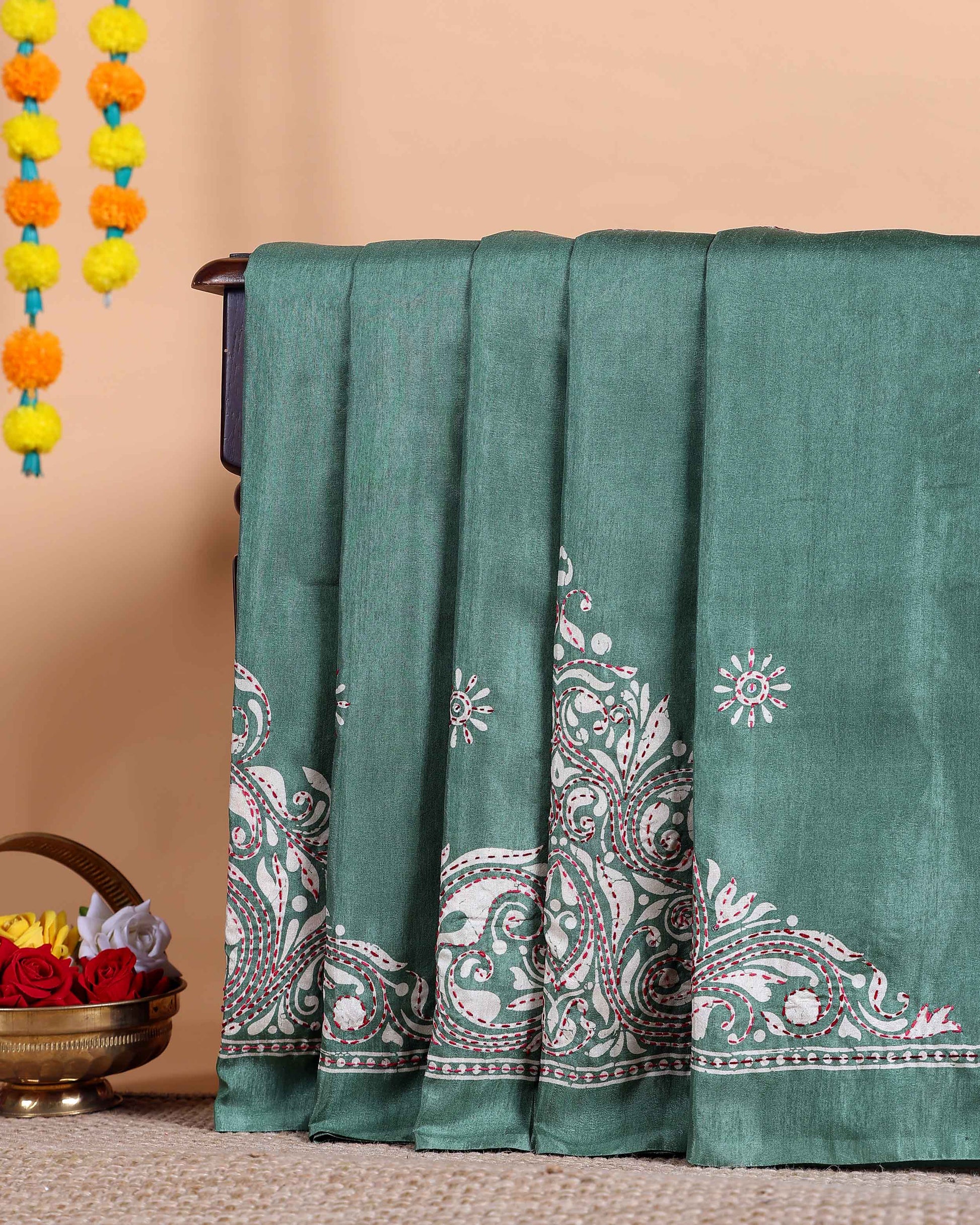 Traditional Kantha Work Saree with Exquisite Hand Embroidery and Ornate Floral Pattern Border - Green