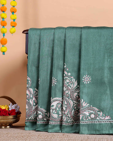 Traditional Kantha Work Saree with Exquisite Hand Embroidery and Ornate Floral Pattern Border - Green