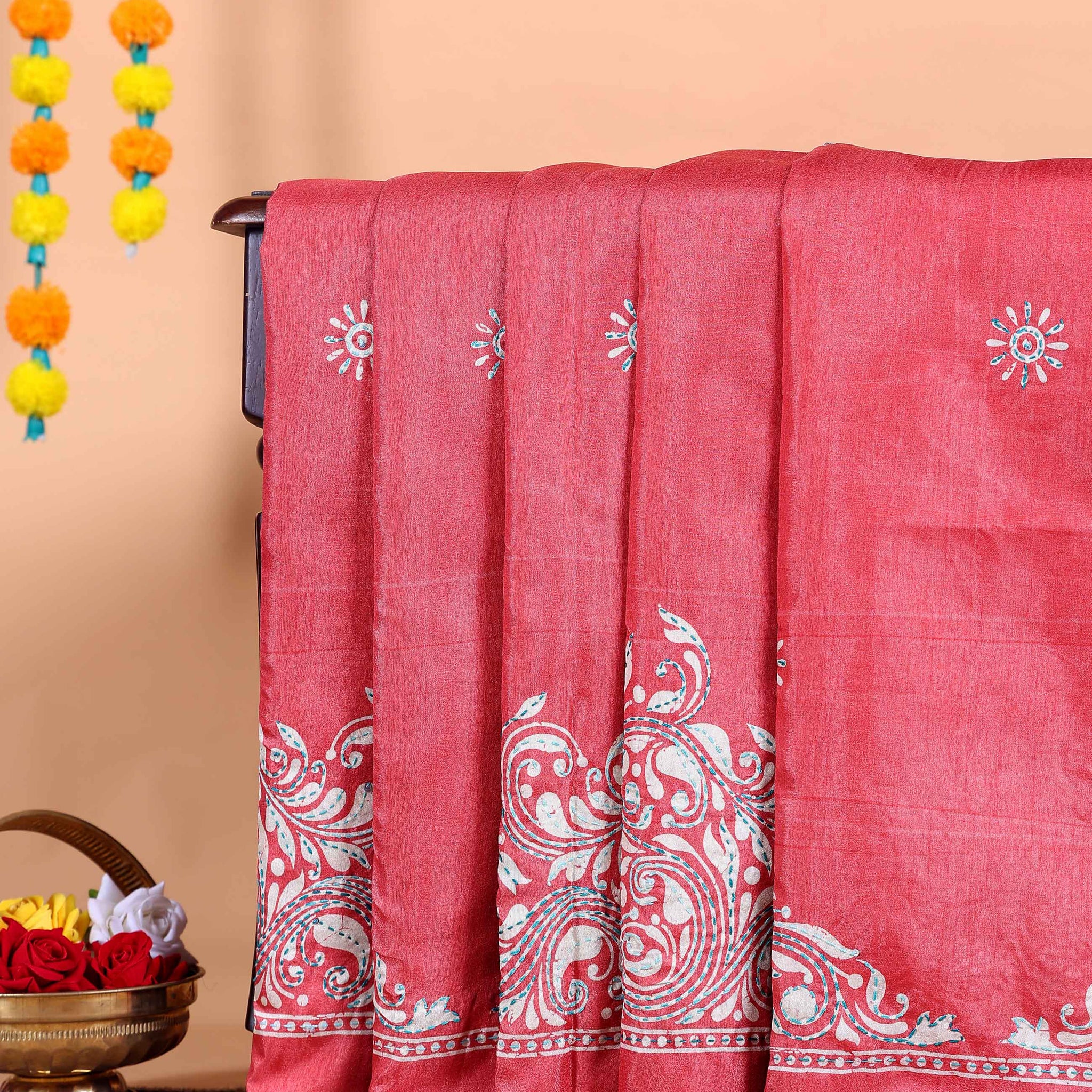 Traditional Kantha Work Saree with Exquisite Hand Embroidery and Ornate Floral Pattern Border - Light Red