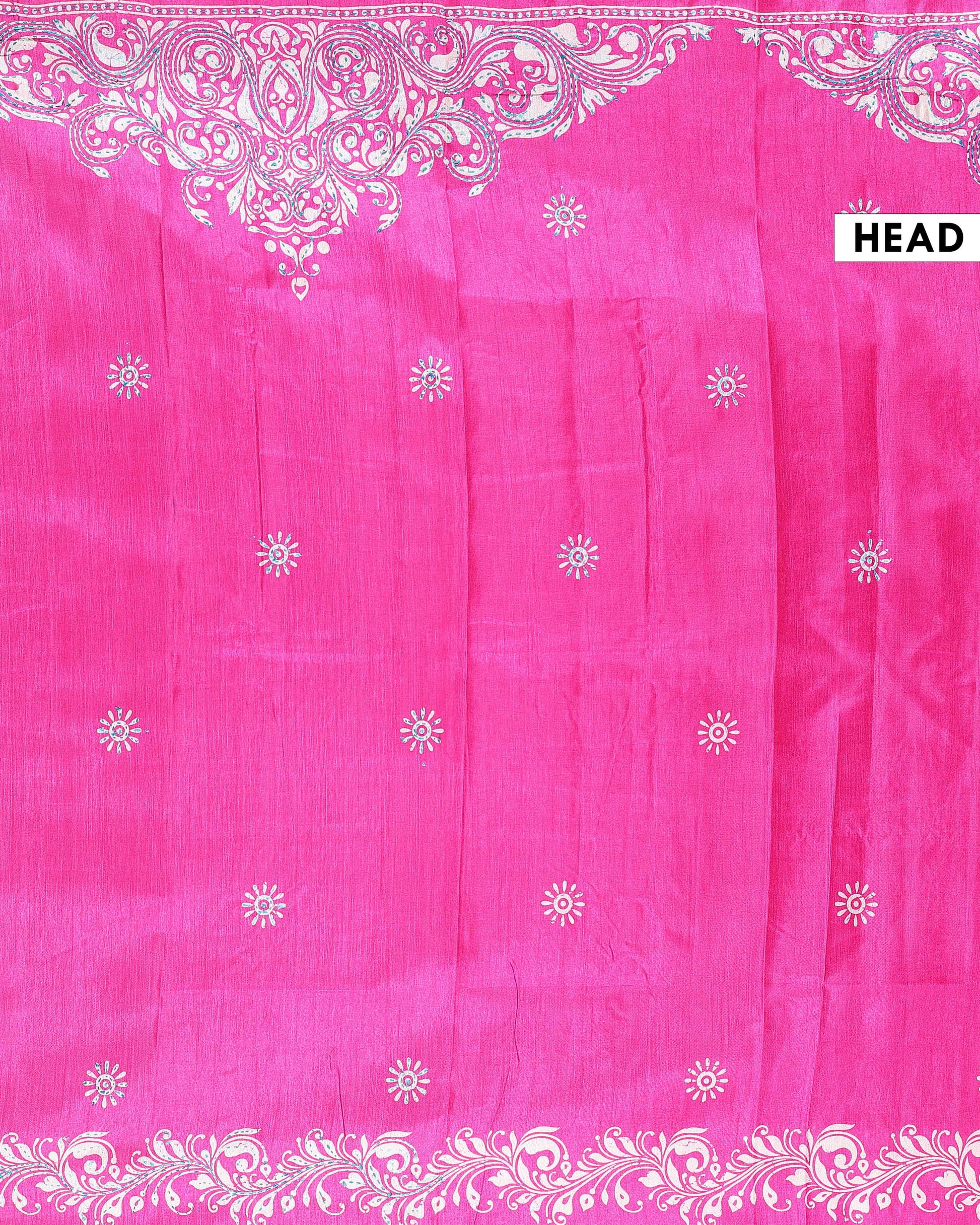 Traditional Kantha Work Saree with Exquisite Hand Embroidery and Ornate Floral Pattern Border - Pink-head