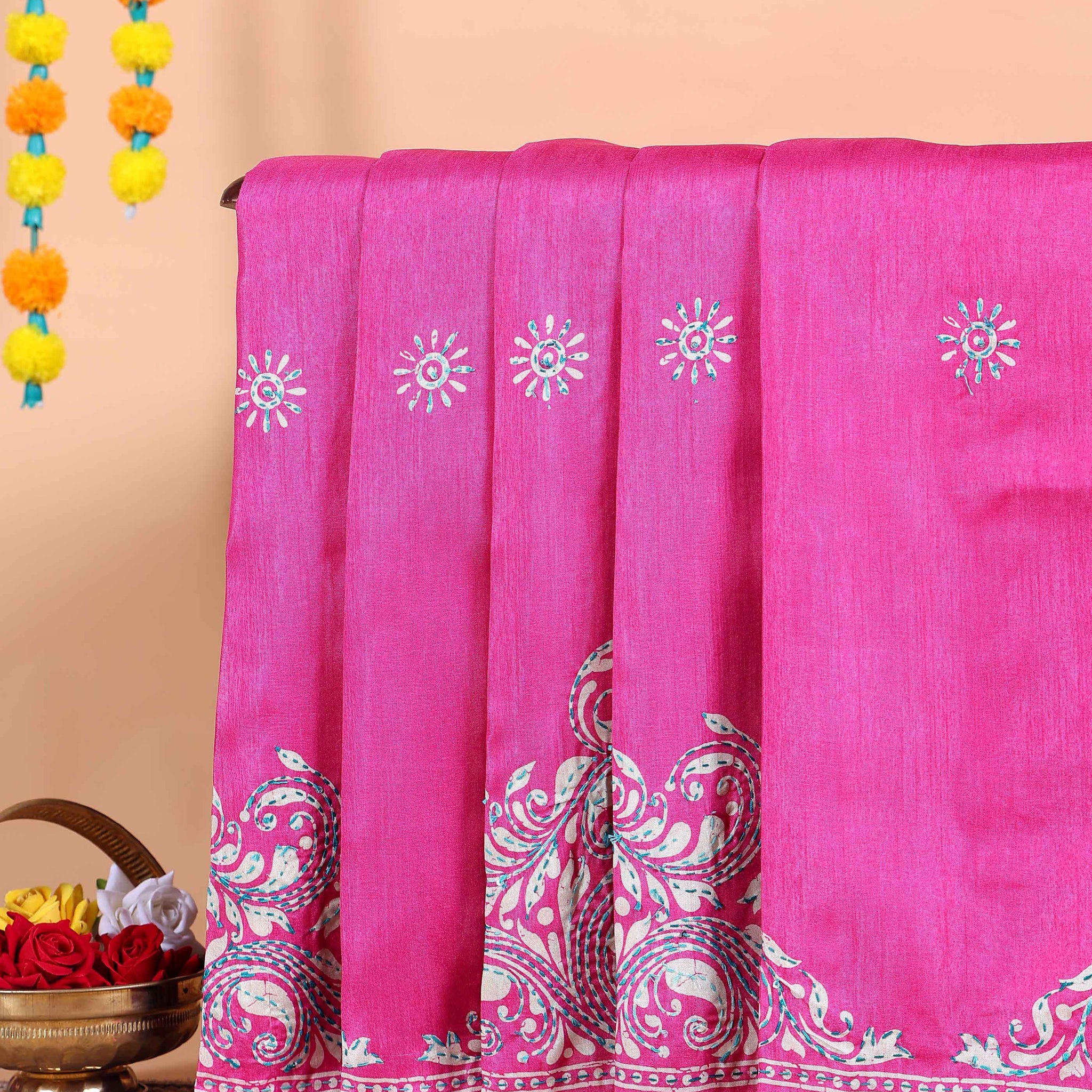 Traditional Kantha Work Saree with Exquisite Hand Embroidery and Ornate Floral Pattern Border - Pink
