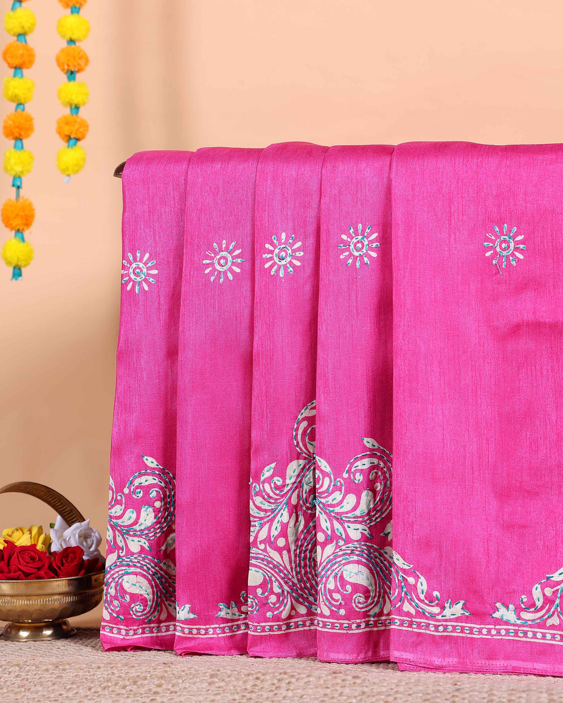 Traditional Kantha Work Saree with Exquisite Hand Embroidery and Ornate Floral Pattern Border - Pink