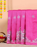 Traditional Kantha Work Saree with Exquisite Hand Embroidery and Ornate Floral Pattern Border - Pink