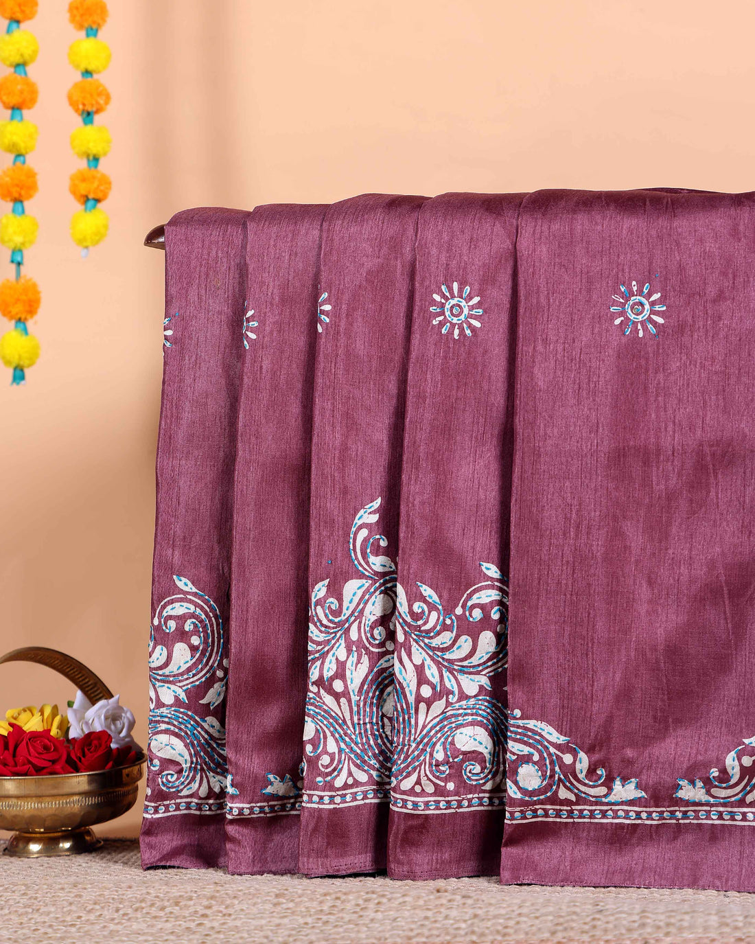 Traditional Kantha Work Saree with Exquisite Hand Embroidery and Ornate Floral Pattern Border - Purple