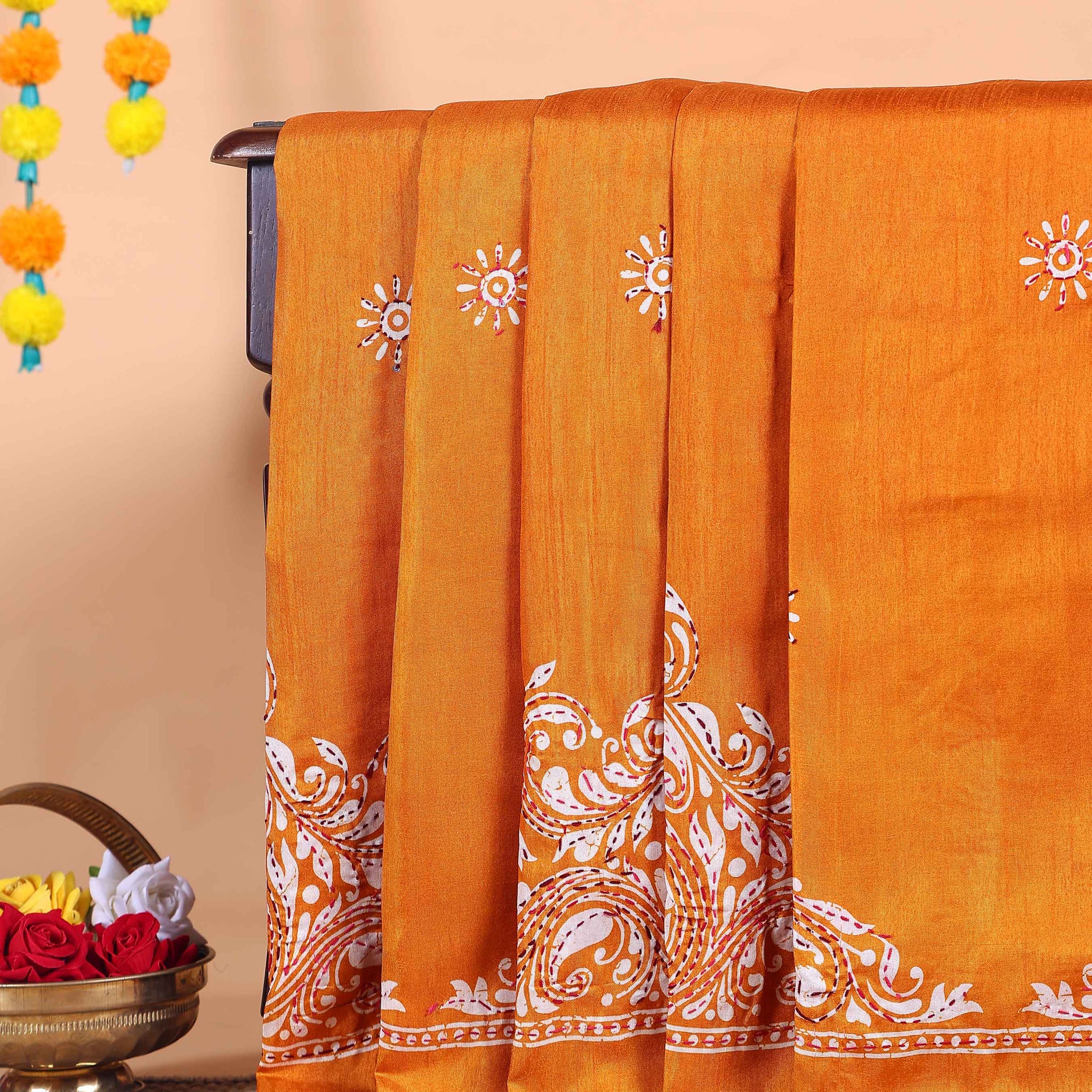 Traditional Kantha Work Saree with Exquisite Hand Embroidery and Ornate Floral Pattern Border - Yellow