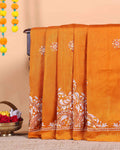Traditional Kantha Work Saree with Exquisite Hand Embroidery and Ornate Floral Pattern Border - Yellow
