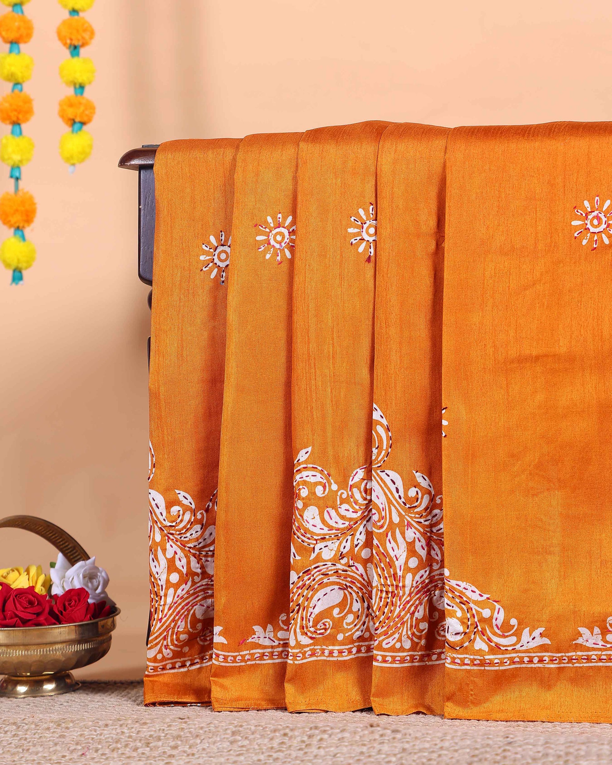 Traditional Kantha Work Saree with Exquisite Hand Embroidery and Ornate Floral Pattern Border - Yellow