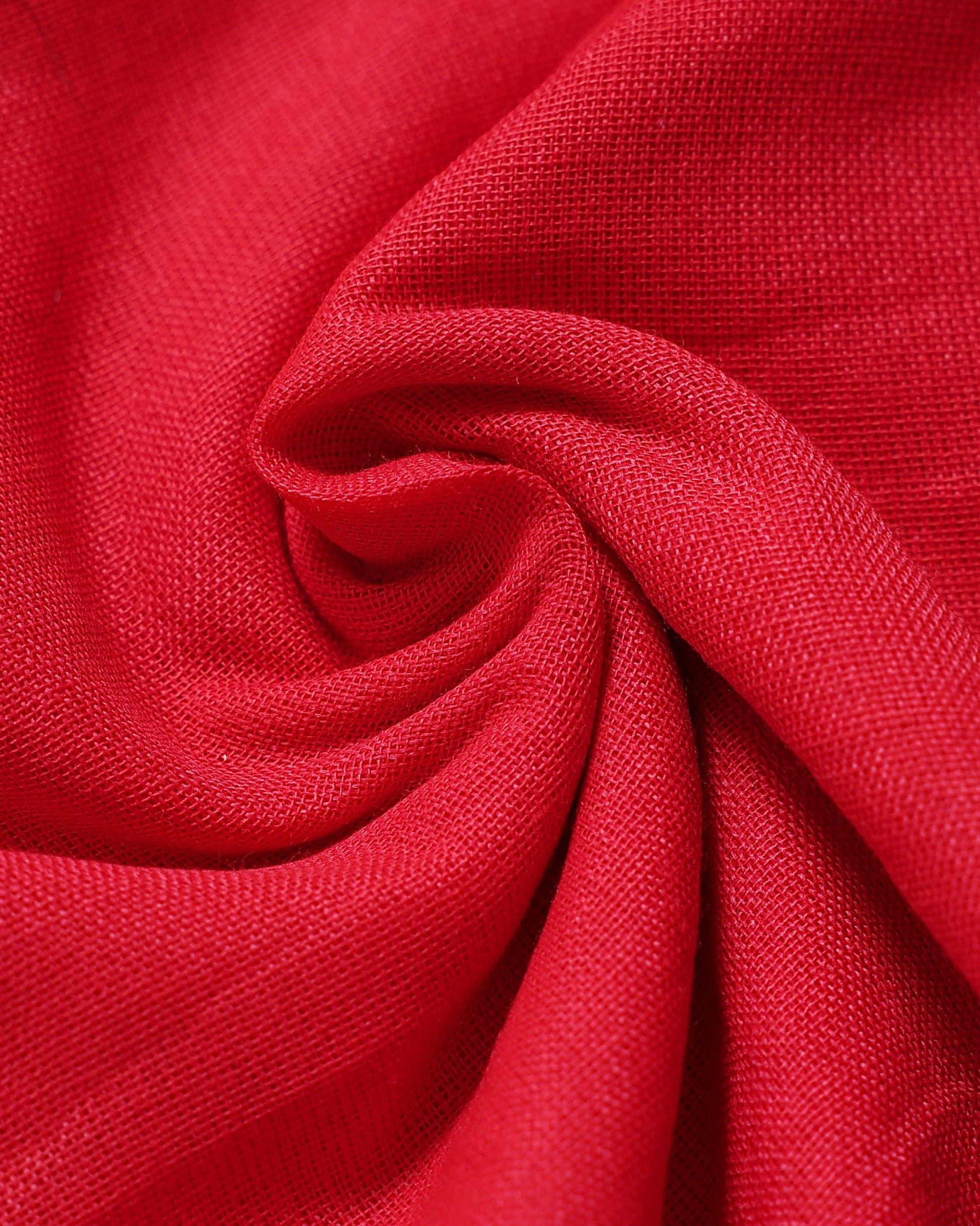 Traditional Khadi Cotton Saree with Contrast Printed Blouse and Tassel Accents -Red