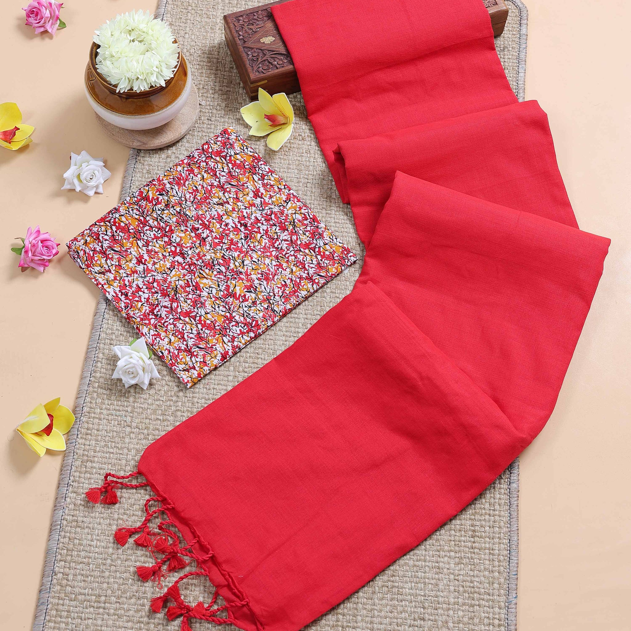 Traditional Khadi Cotton Saree with Contrast Printed Blouse and Tassel Accents -Red