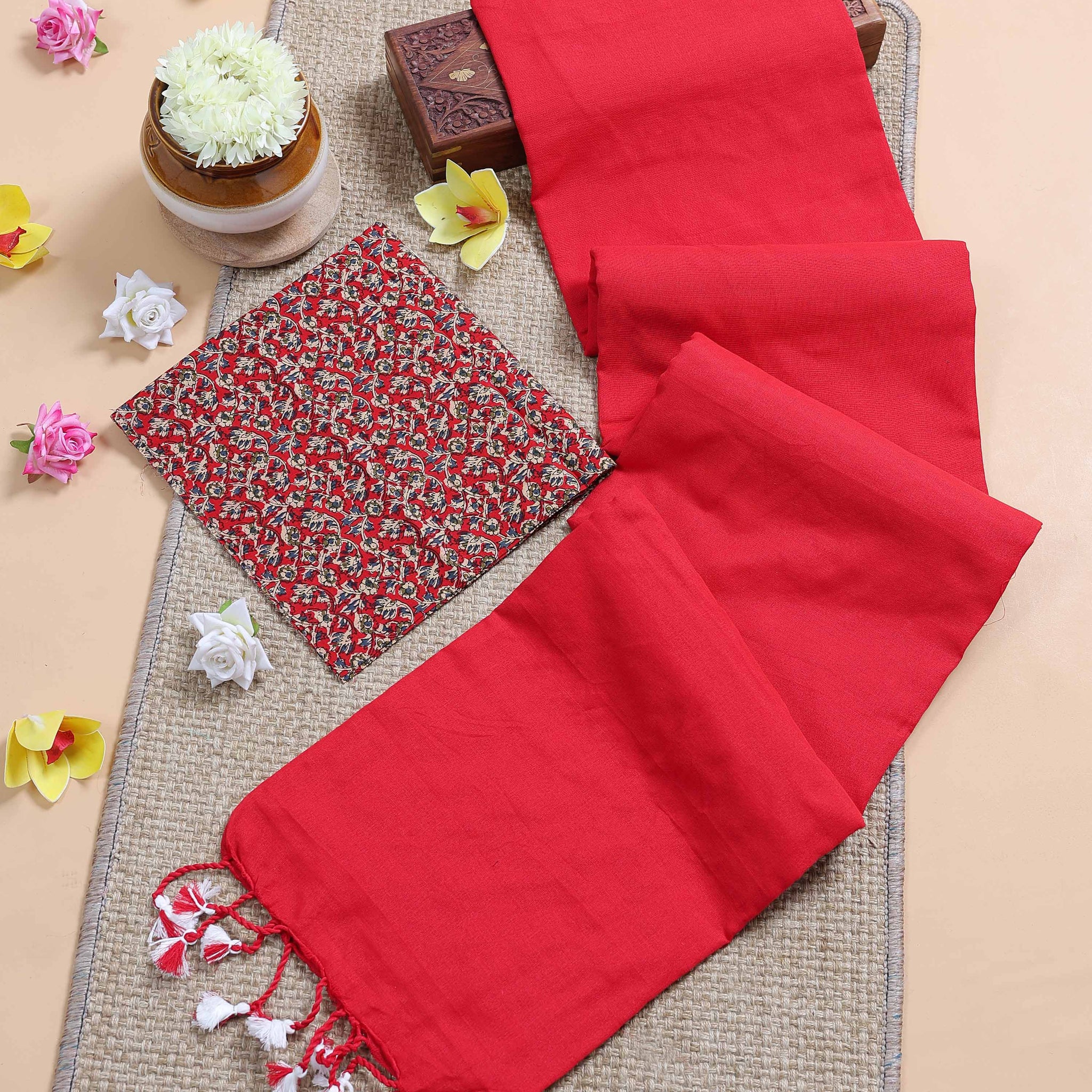 Traditional Khadi Cotton Saree with Contrast Printed Blouse and Tassel Accents -Red