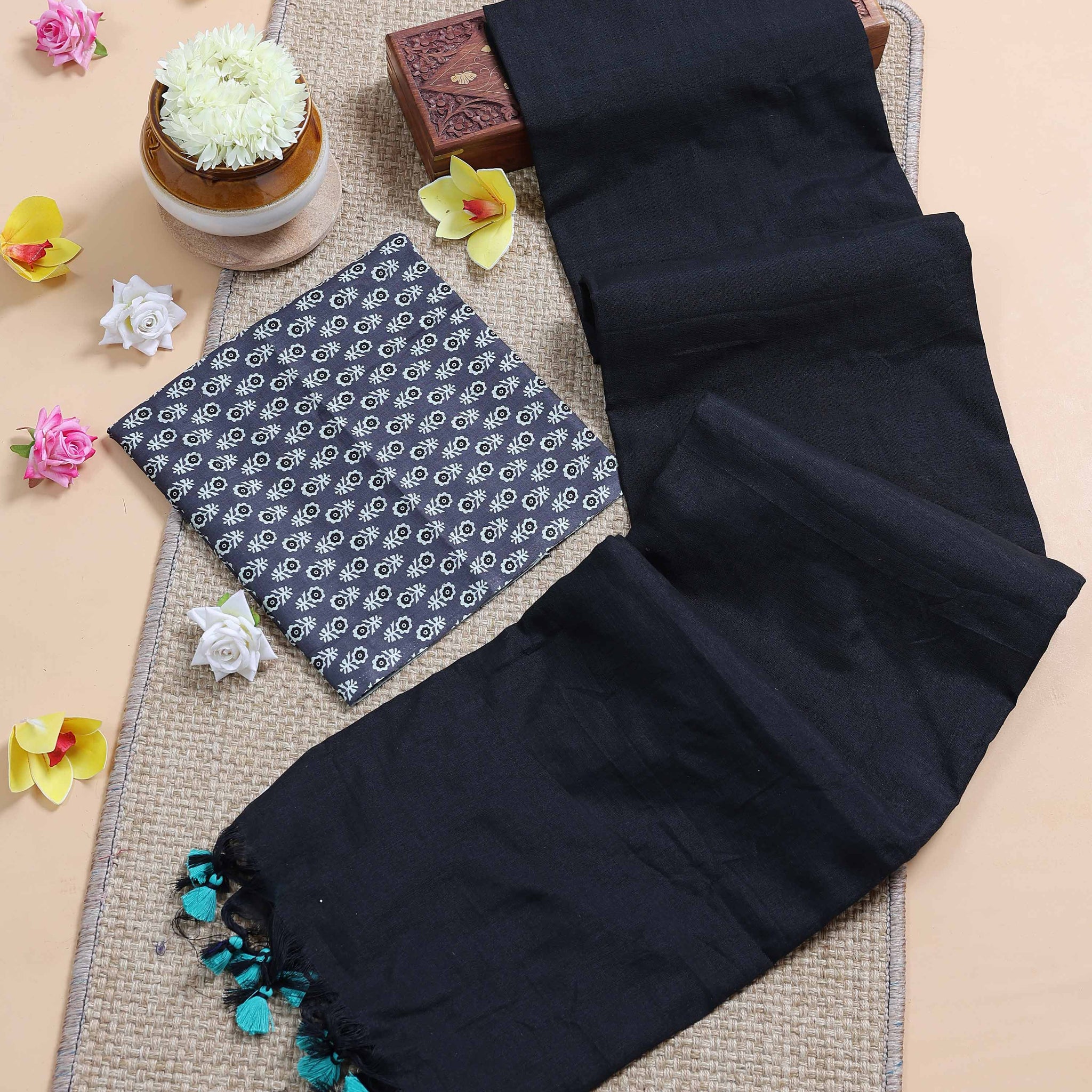 Traditional Khadi Cotton Saree with Contrast Printed Blouse and Tassel Accents - Black