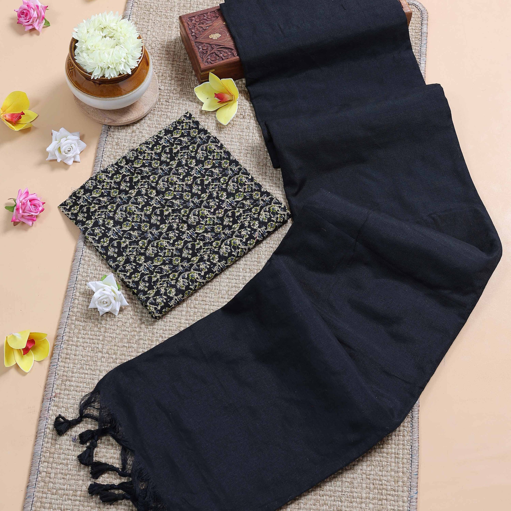 Traditional Khadi Cotton Saree with Contrast Printed Blouse and Tassel Accents - Black