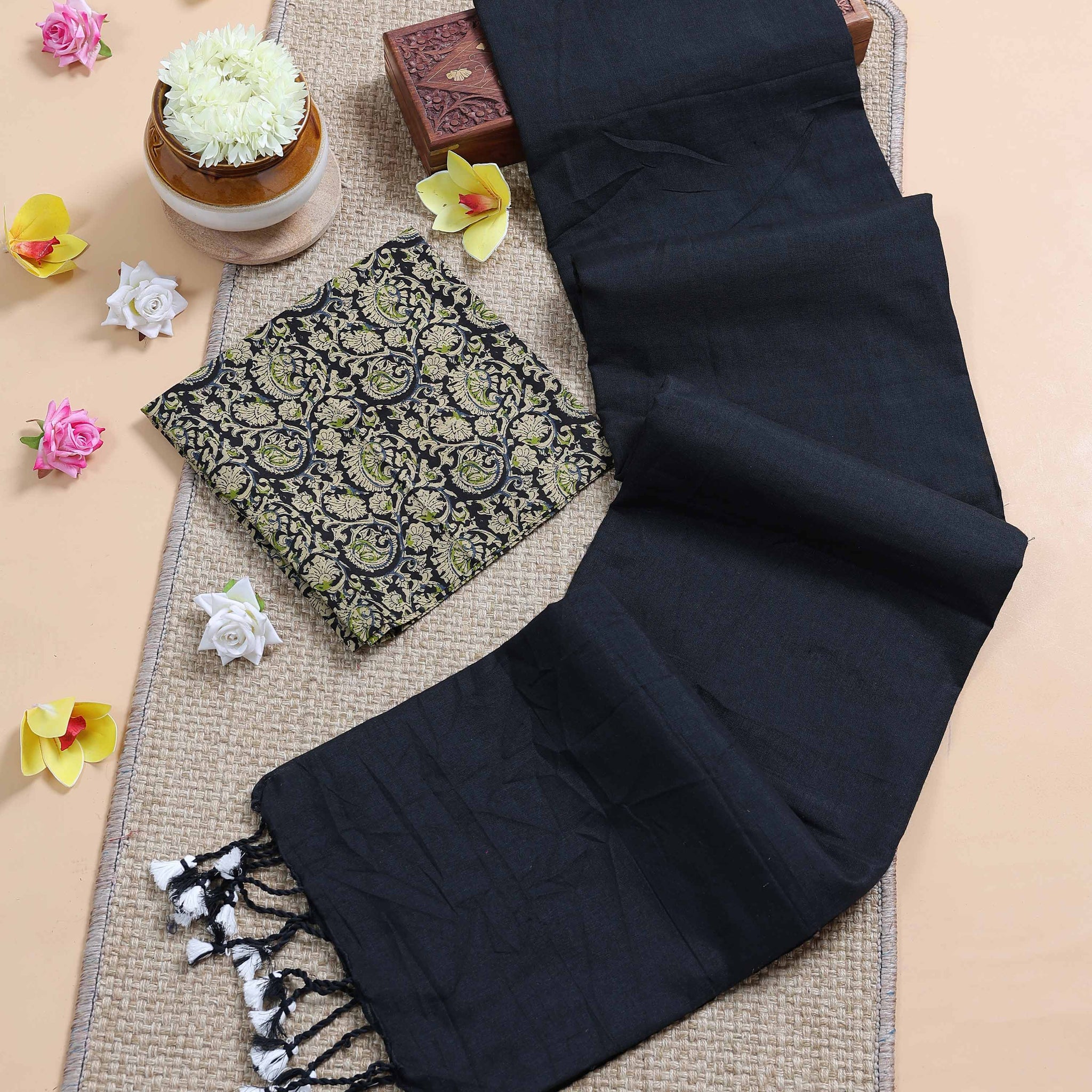 Traditional Khadi Cotton Saree with Contrast Printed Blouse and Tassel Accents - Black