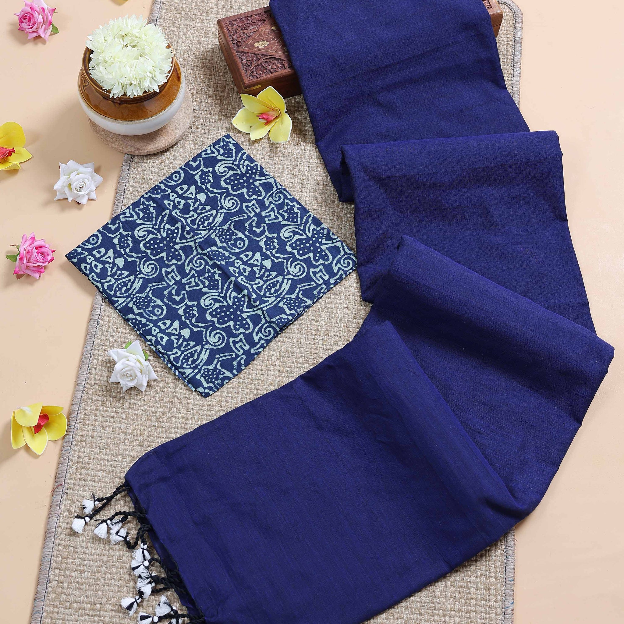 Traditional Khadi Cotton Saree with Contrast Printed Blouse and Tassel Accents - Dark Blue